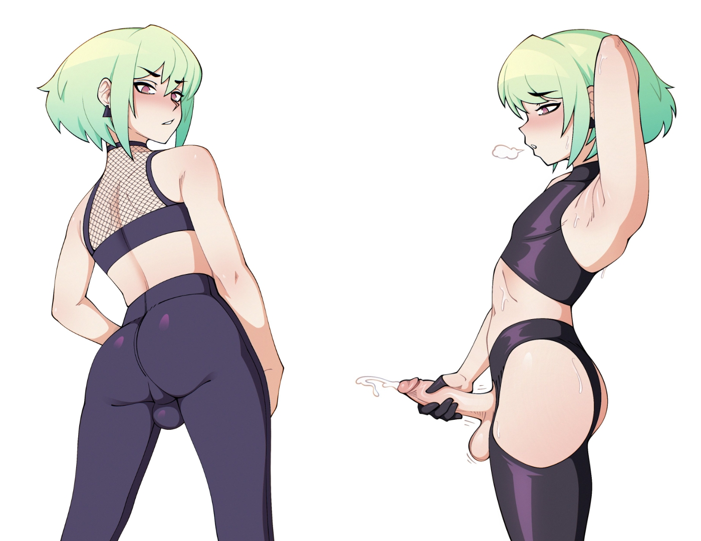 1boy, androgynous, ass, ass focus, back view, blush, bob cut, bro aniki, bulge, bulge through clothing, cum, cumming, embarrassed, femboy, femboy only, lio fotia, looking at viewer, masturbating, masturbation, multiple views, pov, promare, rear view, short hair, slim, slim male, slim waist, solo, tight clothing, tight pants, twink