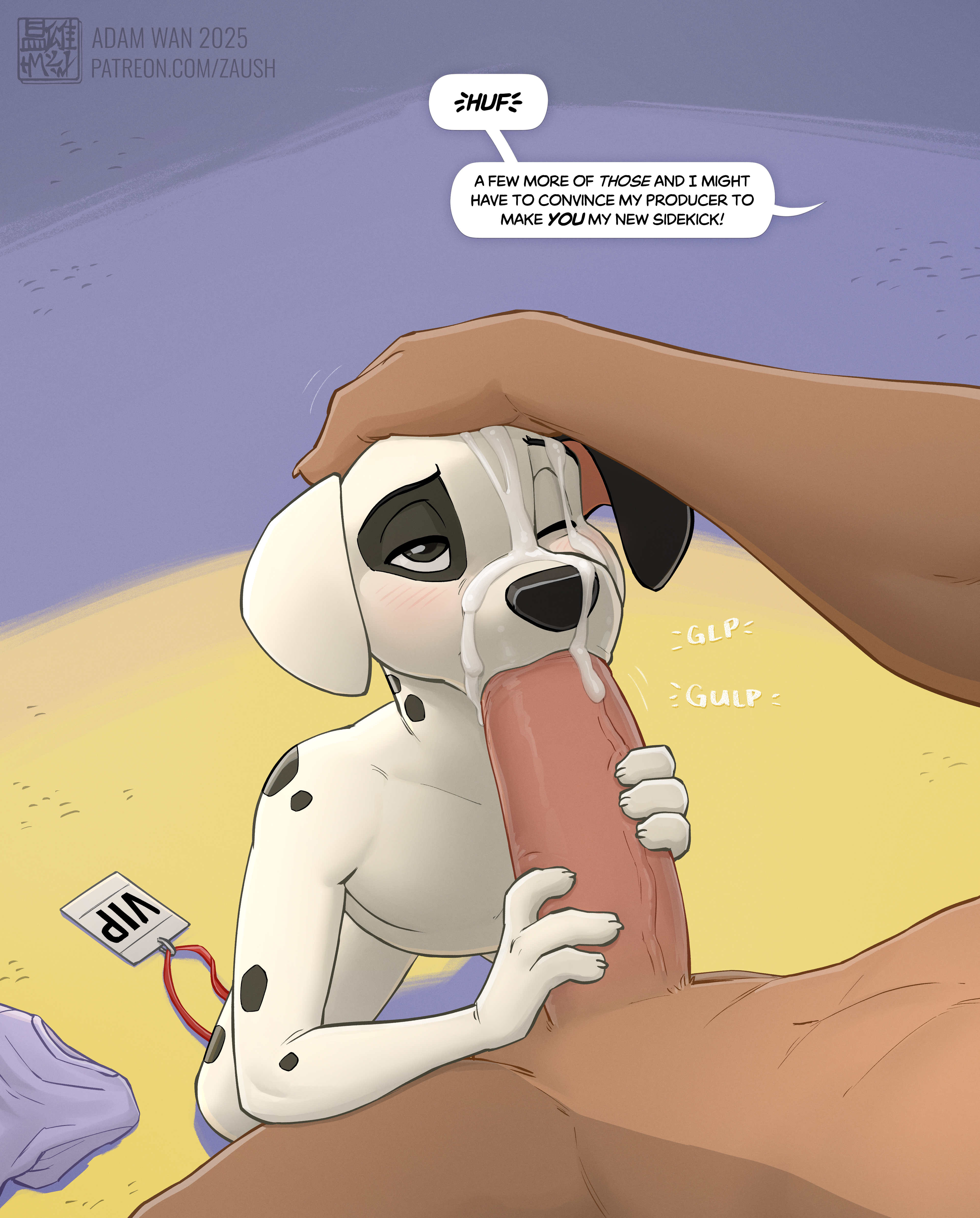 101 dalmatians, adam wan, adult and cub, anthro, big penis, canid, canine, canis, cub, cum, dalmatian, dialogue, disney, domestic dog, furry only, gay, german shepherd, highres, indoors, male, male cub, male only, oral, patch (101 dalmatians), penis, size difference, sucking penis, tagme, thunderbolt (101 dalmatians), young, younger male, zaush