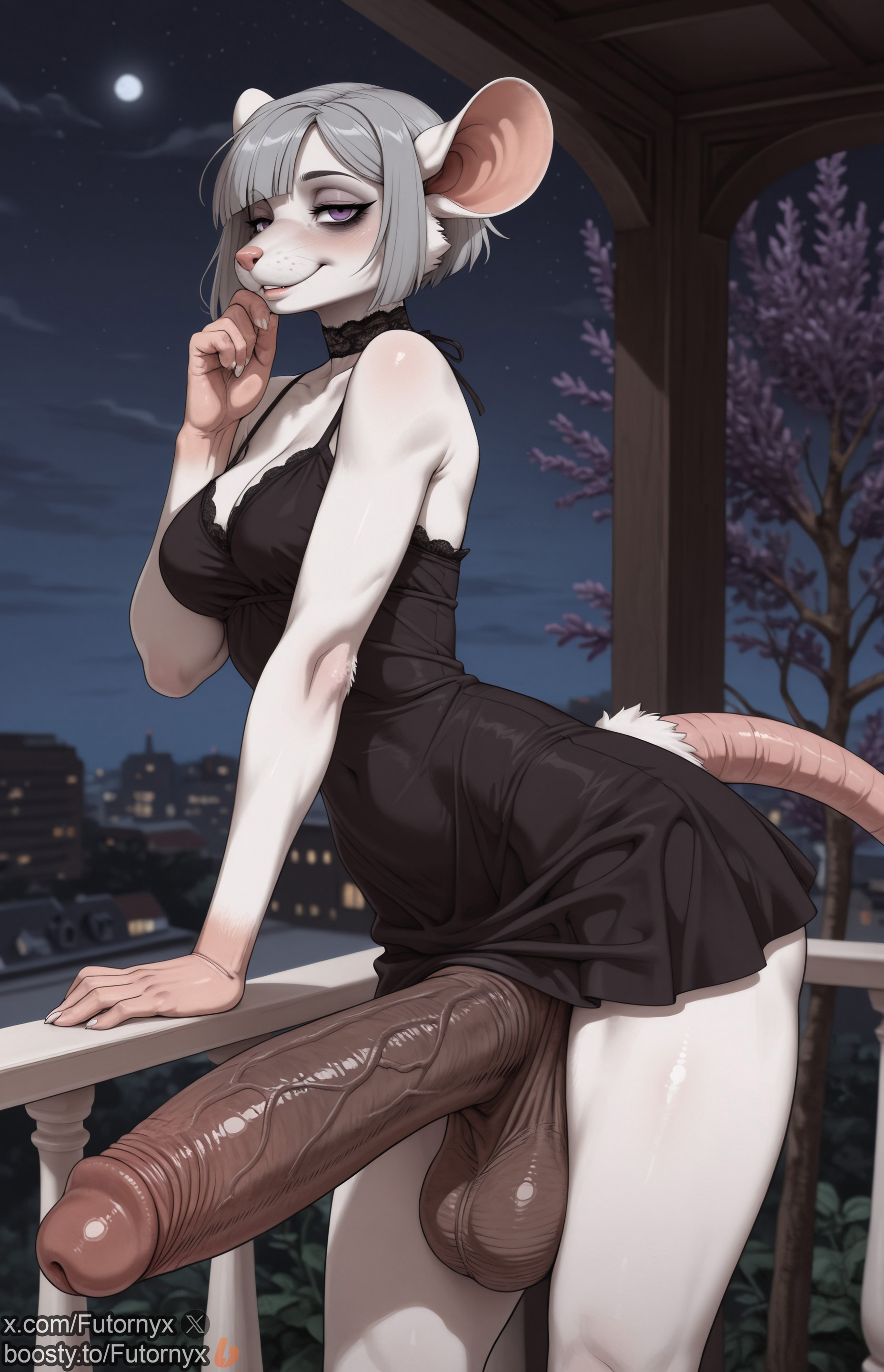 1futa, ai generated, anthro, bags under eyes, balls, boosty, boosty username, breasts, dark penis, dark-skinned penis, dickgirl, fur, furry, futanari, futornyx, huge cock, intersex, lavander eyes, medium breasts, penis, purple eyes, rat, rat ears, rat tail, short hair, solo, tail, testicles, tired eyes, twitter username, veiny penis, white fur, wide hips