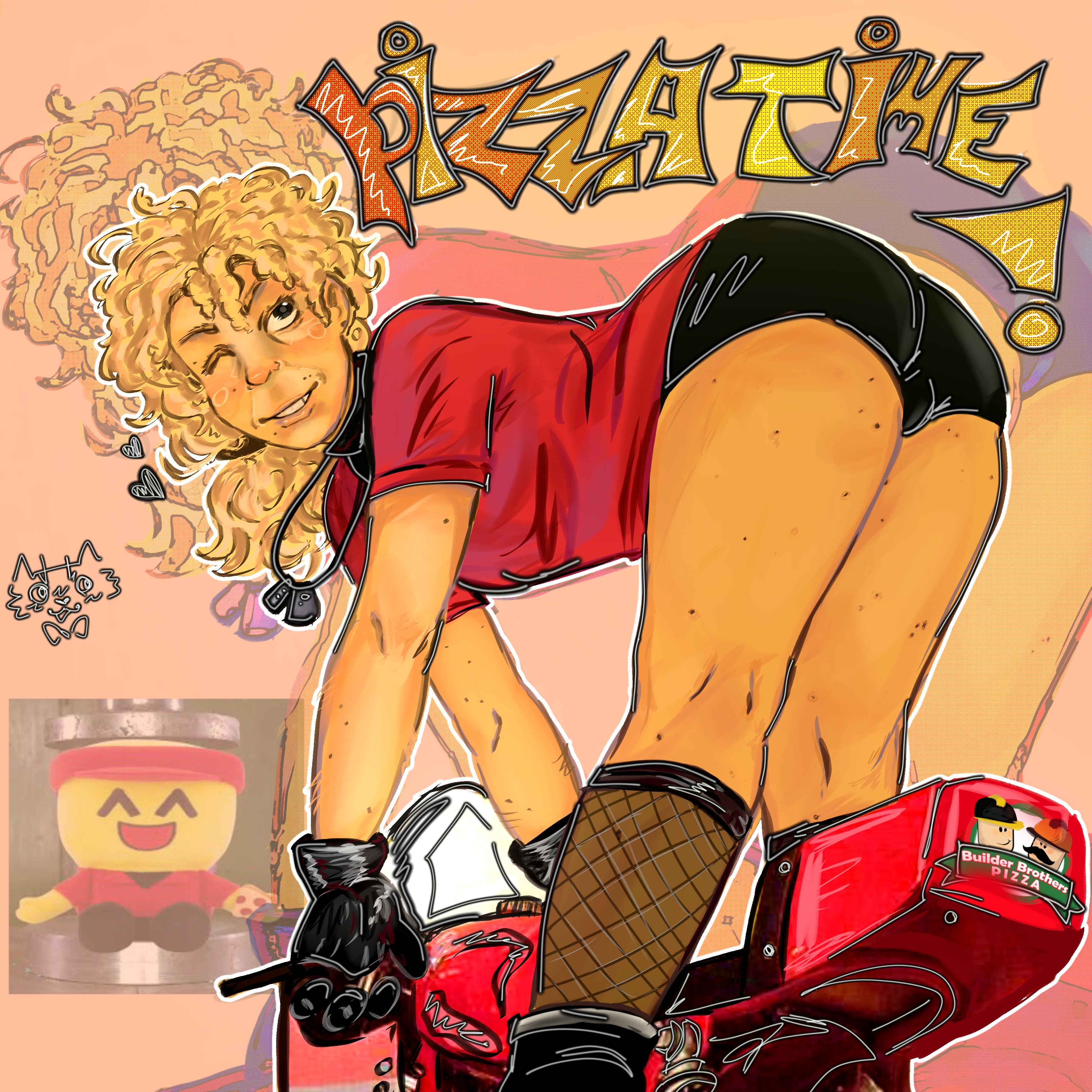 7n7h4ckz, artist request, black boots, black gloves, black panties, bulge through clothing, bulge under clothes, cheerful, clothed, clothed male, curly hair, cutie, elliot (forsaken), elliot (work at a pizza place), forsaken (roblox), job, male, moles, on vehicle, panties, pimples, red shirt, roblox, roblox game, robloxian, skinny, skinny male, smile, smiling, stockings, suggestive, wink, winking, winking at viewer, yellow body, yellow hair