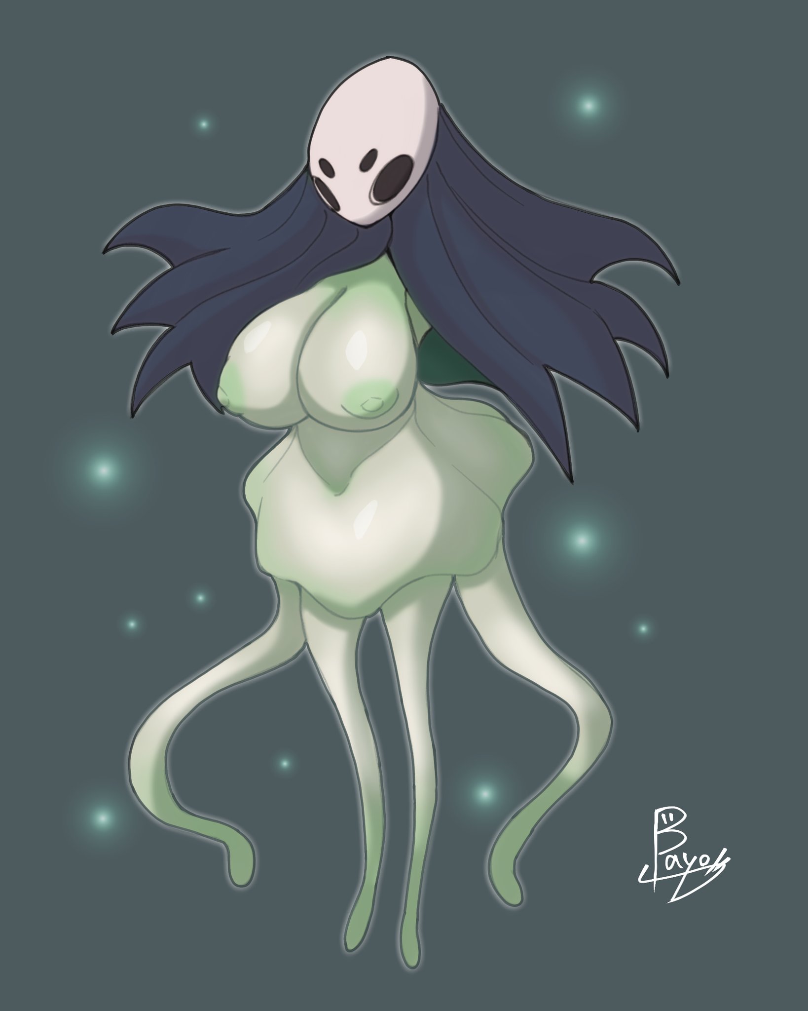 1girls, 2025, arthropod, bayonet (artist), big breasts, bioluminescence, breasts, cloak, cnidarian, doctor5648, female, floating, glowing, green body, green skin, hi res, hollow knight, huge breasts, humanoid, jellyfish, marine, mask, masked, masked female, medusozoan, monomon, tentacle, tentacles