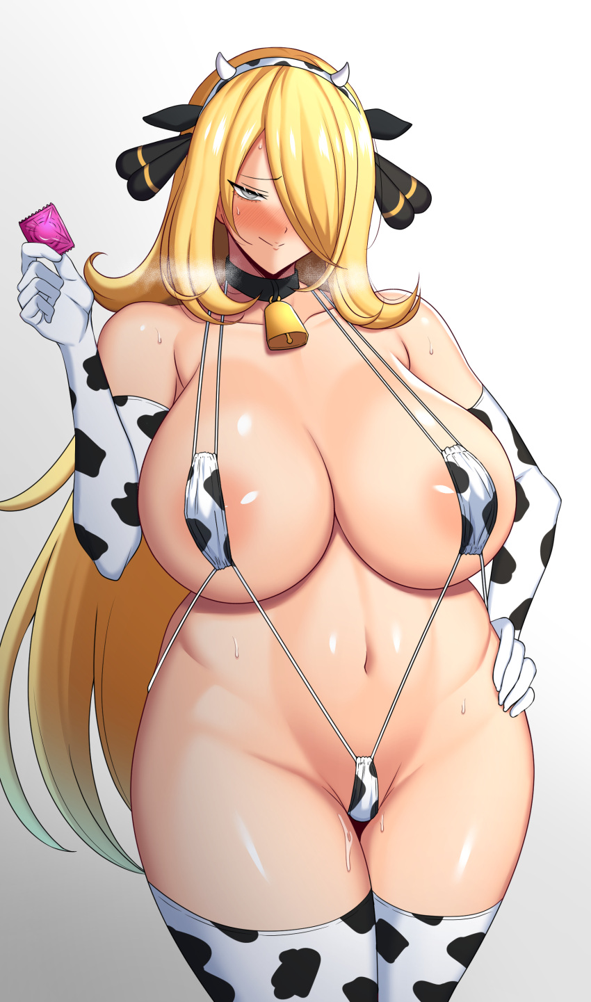 1girls, absurd res, big breasts, bikini, blonde hair, blush, breasts, condom, cow bikini, cow ears, cow horns, cow print, curvy figure, cynthia (pokemon), eye contact, female, genital fluids, gloves, grey eyes, hair ornament, half-closed eyes, heavy breathing, high resolution, holding condom, hucow, huge breasts, long hair, looking at viewer, looking pleasured, mature female, micro bikini, nintendo, pokemon, pokemon dppt, solo, square bikini, standing, sweat, tanaken, thick thighs, thighhighs, voluptuous, wide hips