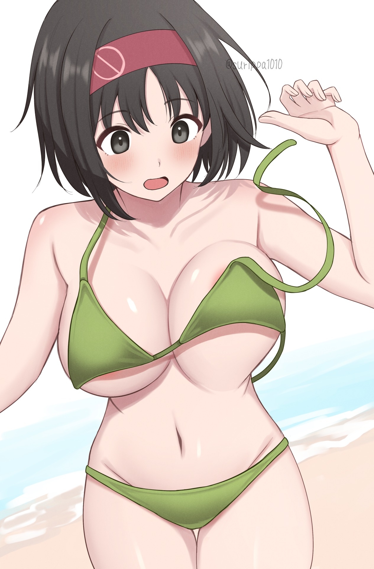areola slip, beach, bikini, black eyes, black hair, bouncing breasts, breasts, commentary request, erika (pokemon), female, green bikini, hairband, highres, large breasts, navel, nintendo, ocean, open mouth, pokemon, pokemon lgpe, red hairband, short hair, solo, surippa1010, swimsuit