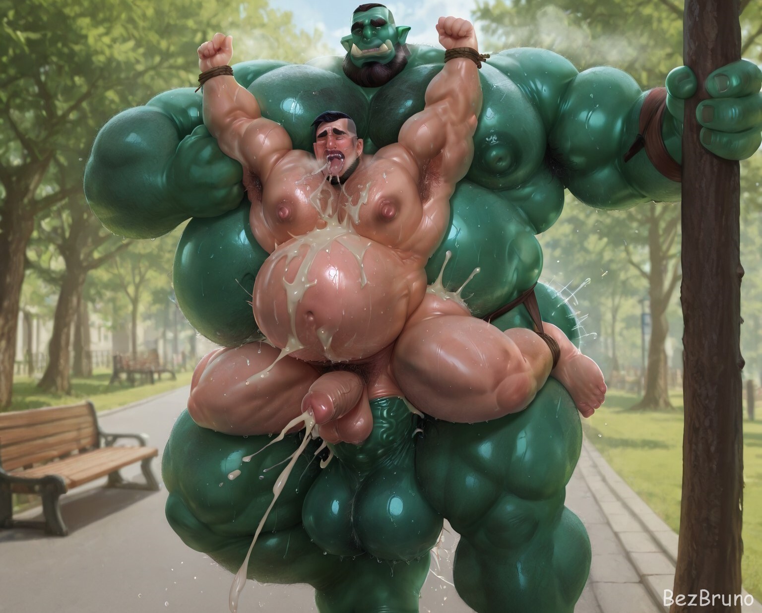 2boys, abs, ai generated, anal, anal sex, arm hair, ass, ass focus, back, back muscles, balls, bara, beard, bezbruno, big ass, big balls, big dom small sub, big muscles, big nipples, big pecs, big penis, carrying, carrying partner, chest hair, cum, cum belly, cum drip, cum everywhere, cum in ass, cum inflation, cum inside, cum on ass, cum on balls, cum on body, cum on chest, cum on penis, cum while penetrated, cumshot, daddy, deep penetration, dilf, dominant, dominant humanoid, dominant male, duo, ejaculation, erect nipples, erection, excessive cum, fanny packing, finger in mouth, gay, green body, hair, hairy, hairy ass, hairy balls, hairy male, happy trail, holding partner, hug, huge ass, huge balls, huge cock, huge muscles, huge nipples, huge pecs, human, human on humanoid, human on orc, human penetrated, humanoid, humanoid dominating human, humanoid on human, humanoid penetrating, humanoid penetrating human, humansub, hunk, hyper, hyper balls, hyper penis, inflation, interspecies, larger humanoid, larger male, male, male only, male penetrated, male penetrating male, male/male, moustache, muscles, muscular, muscular human, muscular humanoid, muscular male, navel, nipples, nude, orc, orc male, orc on human, orc penetrating human, orgasm, pecs, penetration, penis, penis in ass, pointy ears, pubic hair, sex, simultaneous orgasms, size difference, smaller human, smaller male, smaller penetrated, stabledaddyai, stand and carry position, standing, standing sex, stomach bulge, submissive, submissive male, sweat, tusks, yaoi