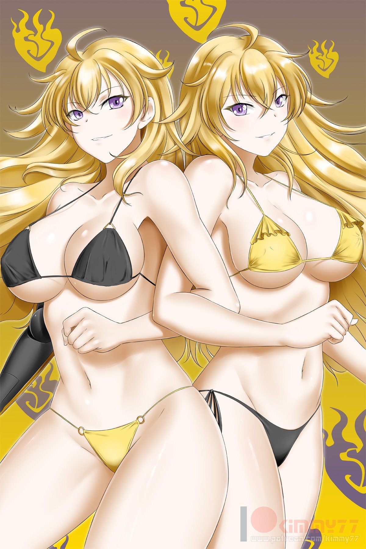 2girls, ahoge, big breasts, bikini, blonde hair, breasts, clone, female, kimmy77, purple eyes, rwby, yang xiao long