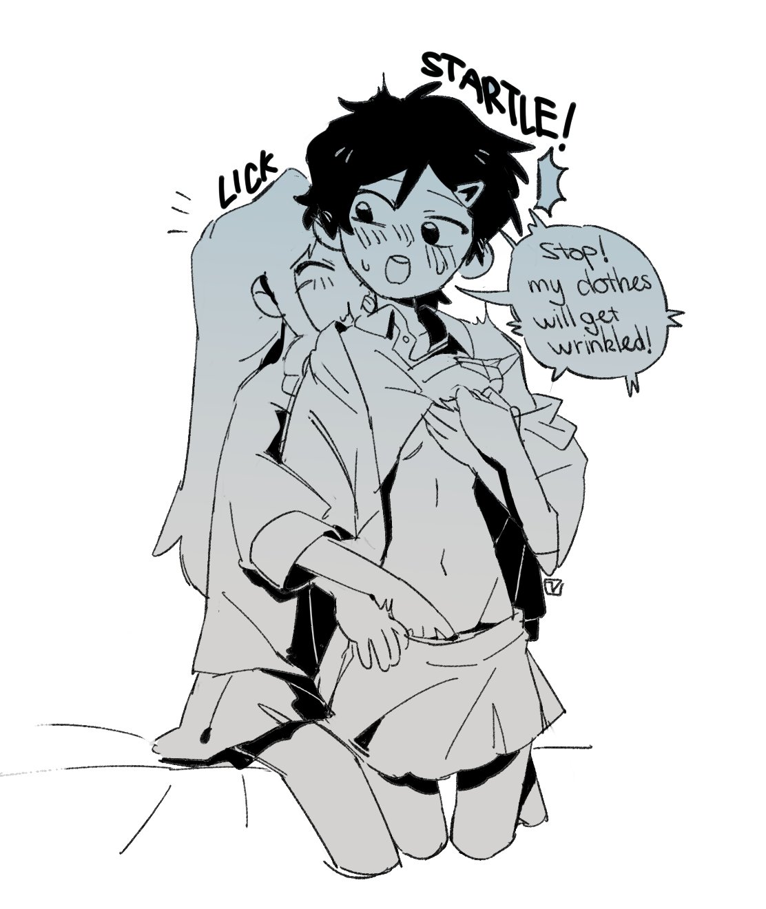 2girls, amphibia, clothes lift, doinhucc, english text, female, hairclip, hand under clothes, implied fingering, licking neck, long hair, marcy wu, open mouth, sasha waybright, shirt up, short hair, skirt, yuri