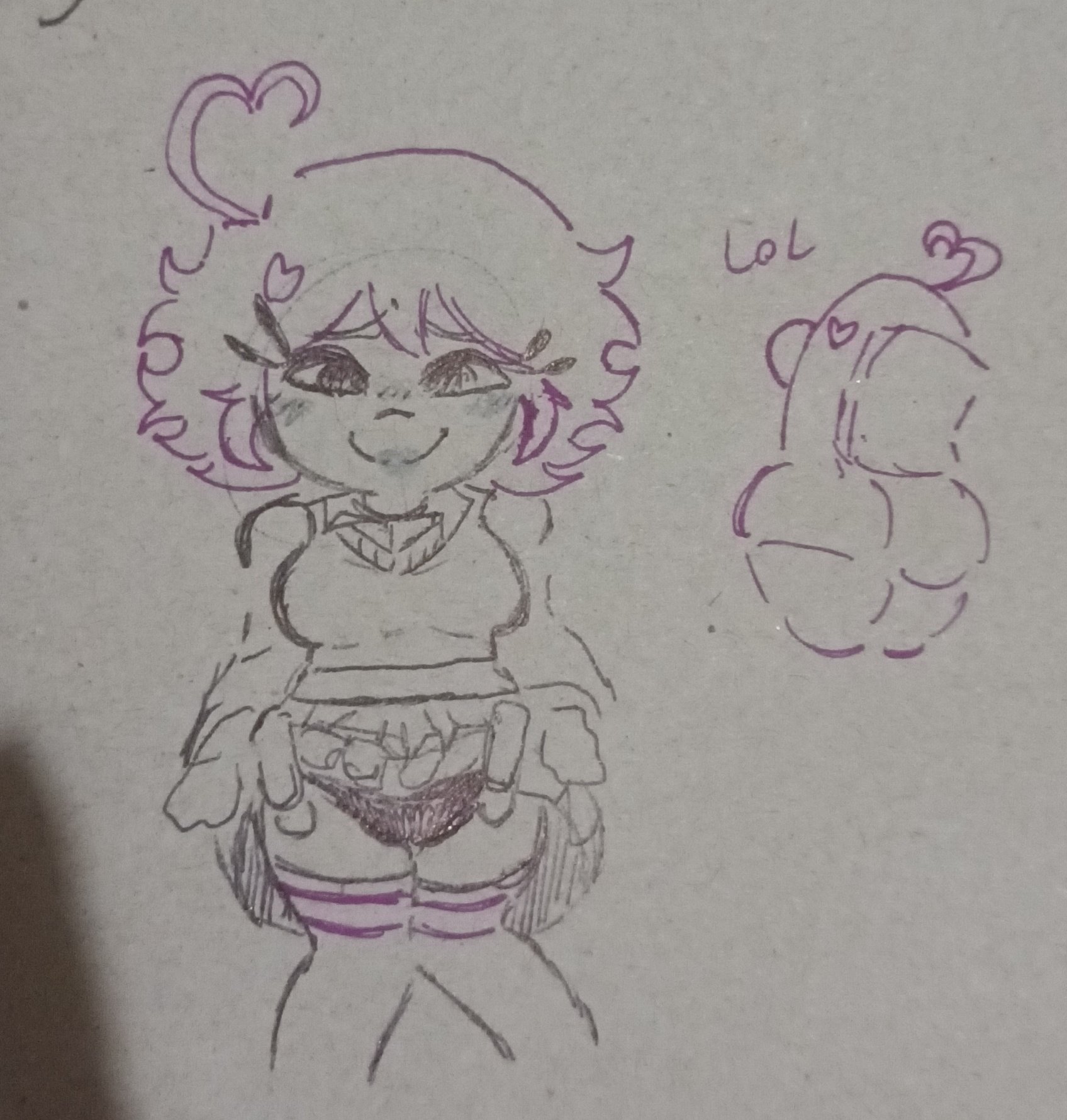 1girls, ahoge, blush, blush stickers, clothed, clothed female, dark skin, dark-skinned female, female, flashing, friday night funkin, friday night funkin mod, holding up skirt, human hijinks, human pink impostor (fnf mod), humanized, impostor human hijinks, jaden (charles e 507), jaden (impostor human hijinks), panties, pink (among us), pink hair, skirt, skirt lift, solo female, stalker8018, traditional art, vs impostor