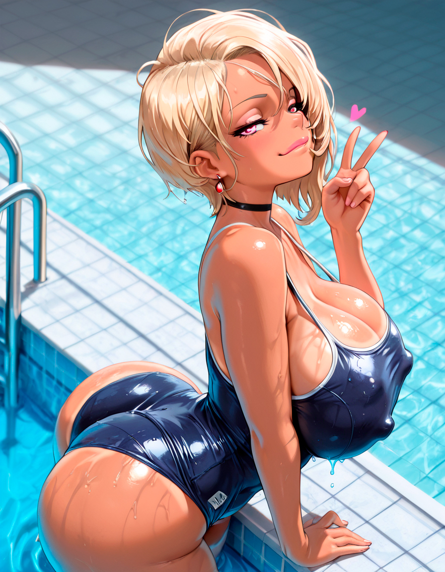 ai generated, big breasts, blonde hair, breasts, breasts bigger than head, choker, cleavage, curly hair, curvy, curvy body, curvy female, curvy figure, curvy hips, deep cleavage, erect nipples, erection under clothes, female, female only, fleur (starlightnex), french, french female, huge breasts, looking at viewer, massive breasts, mischievous smile, original, original character, pool, school swimsuit, school uniform, schoolgirl, slim waist, smile, smile at viewer, smug, smug face, starlightnex, student, tan body, thick, thick ass, thick hips, thick legs, thick lips, thick thighs, thigh highs, thighhighs, thighs, touching, wet, wet body, wet skin, wide hips