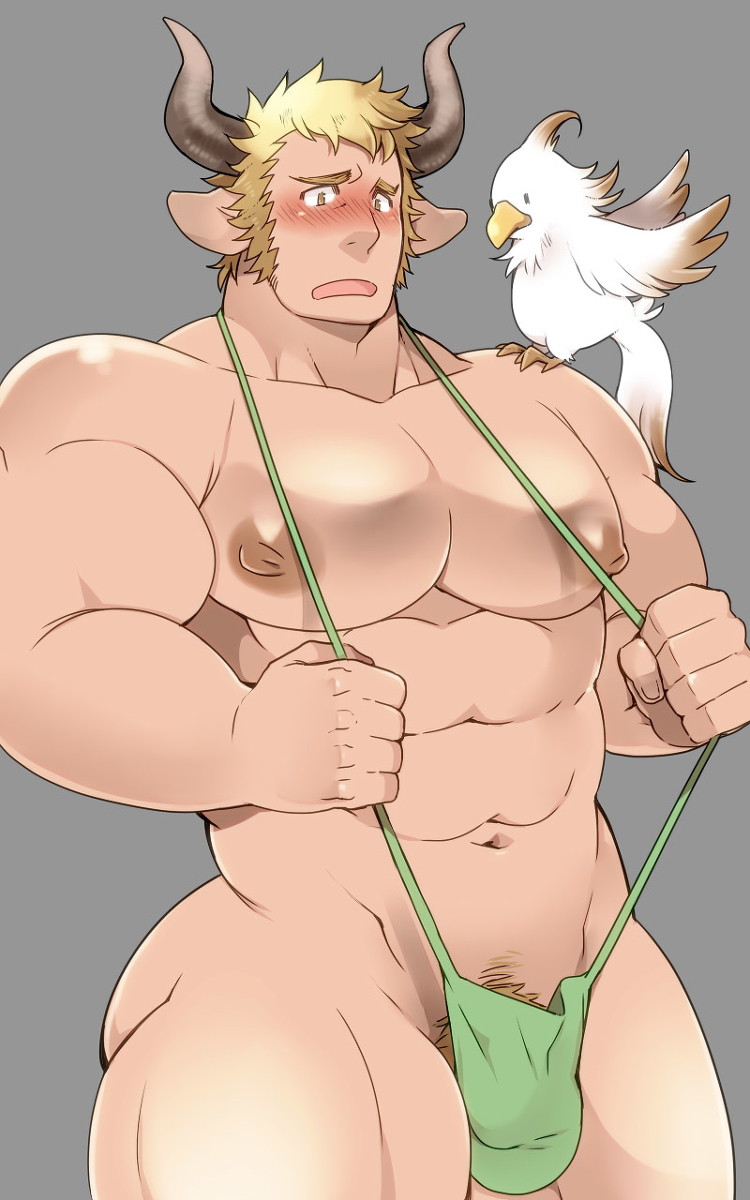 abs animal_humanoid anthro banana_hammock bara bara_tiddies bara_tits barely_clothed big_chest big_nipples big_pecs bird blonde_hair blush bulge cow_boy cow_ears cow_horns cute draph embarrassed gigantic_chest gigantic_pecs granblue_fantasy huge_chest huge_pecs humanoid hybrid large_pectorals male male_only man_boobs man_breasts mankini massive_chest massive_pecs moobs muscular nipple_holes nipple_slits nipples pavidus pecs pubic_hair puffy_nipples sideburns solo takezamurai tan_skin thick_thighs thong tugging wide_hips yaoi yellow_eyes