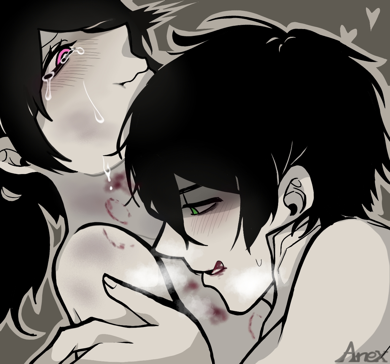 1boy, 1girls, 2d, abuse, andrew graves, anex (artist), ashley graves, bite mark, bite marks, black hair, blood, blood in mouth, blush, brother and sister, bruise, crying, dubious consent, female, green eyes, incest, male, nude, pink eyes, ponytail, questionable consent, siblings, tears, the coffin of andy and leyley