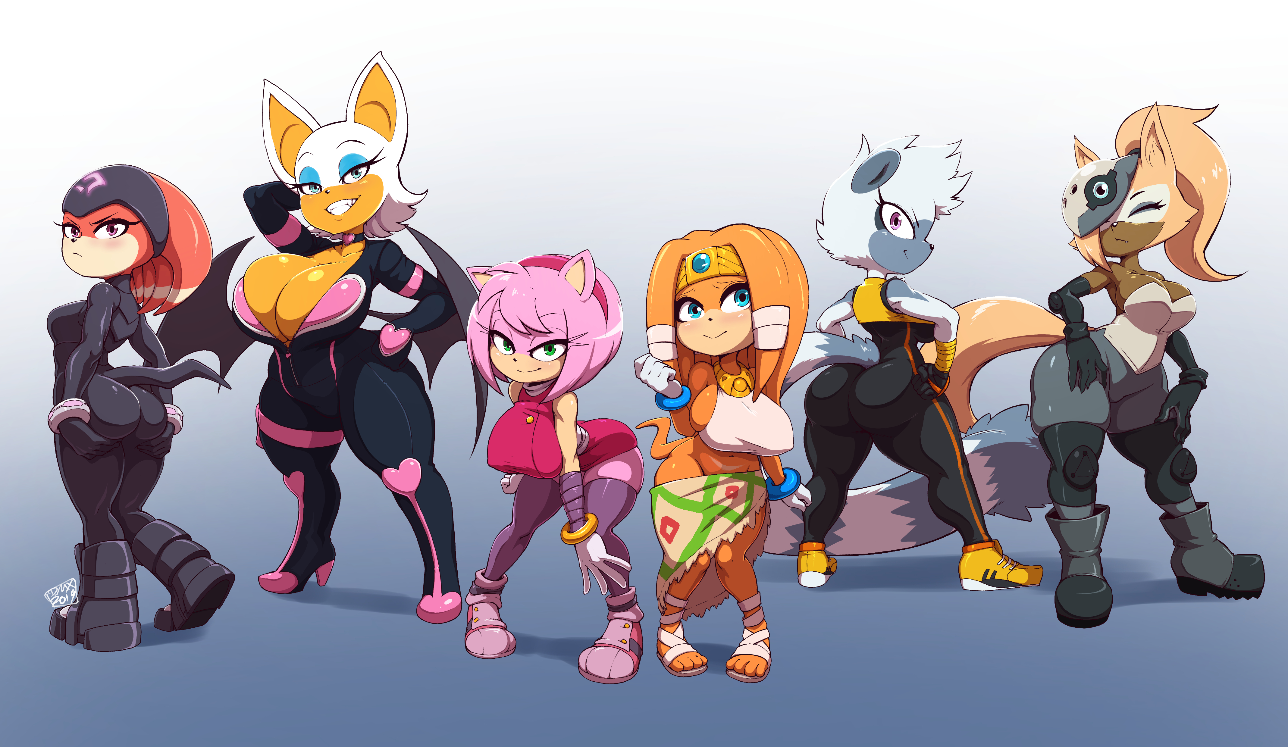 6girls, absurdres, amy rose, amy rose (boom), anthro, ass, bat, big ass, big breasts, bodysuit, breasts, canine, cleavage, color, dmxwoops, echidna, eye contact, female, female only, furry, grin, hedgehog, highres, huge ass, huge breasts, idw comics, idw publishing, large breasts, lemur, looking at viewer, looking back, mobian (species), primate, rouge the bat, seductive, seductive smile, sega, shade the echidna, smile, sonic (series), sonic boom, sonic the hedgehog (comics), sonic the hedgehog (idw), sonic the hedgehog (series), take your pick, tangle the lemur, thick thighs, tight clothing, tikal the echidna, whisper the wolf, wide hips, wolf