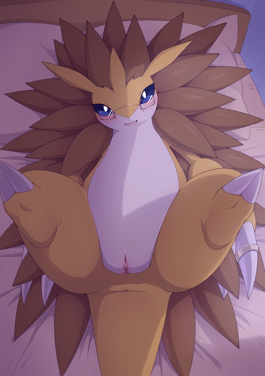 2019 alternate_version_at_source bed blush chubby claws eyewear female feral glasses kajinchu looking_at_viewer mammal nintendo nude open_mouth original_character pokémon_(species) pokemon pokemon_(species) pussy sandslash solo video_games