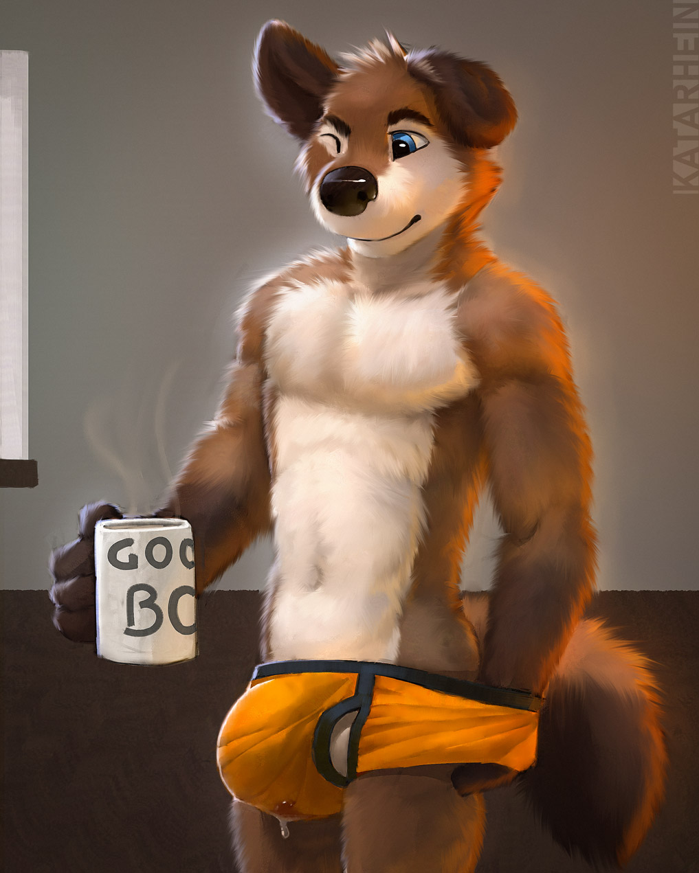 1boy anthro beverage big_bulge bulge canid canine canis clothing coffee cum cum_drip cum_leaking domestic_dog hi_res kan katarhein male male_only mammal morning orange_underwear solo underwear