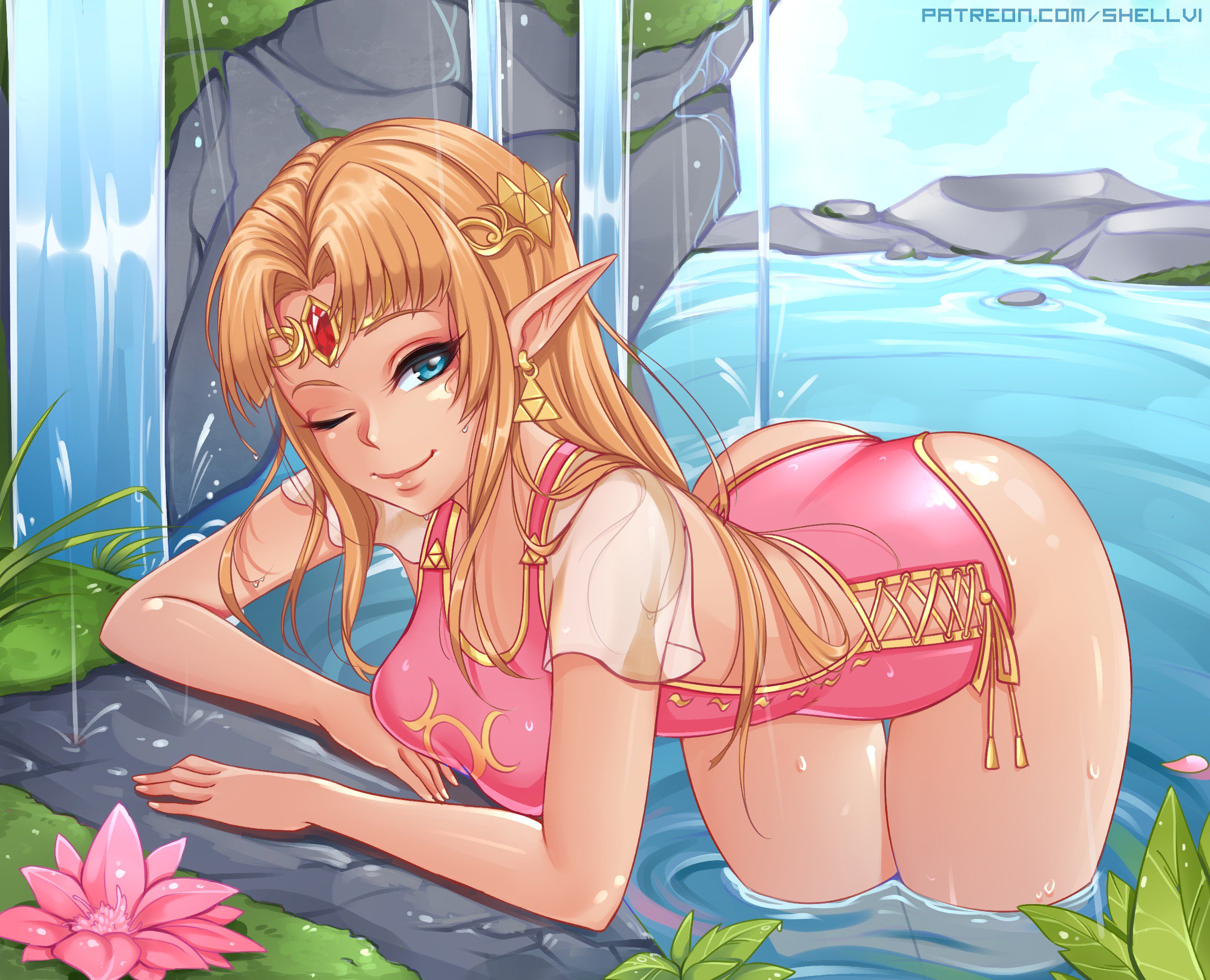 ass, bimbo, blonde hair, breasts, cleavage, female, female only, hip vent, jpeg, looking at viewer, medium breasts, nintendo, princess zelda, shellvi, solo, swimsuit, the legend of zelda, water, waterfall, zelda (a link between worlds)