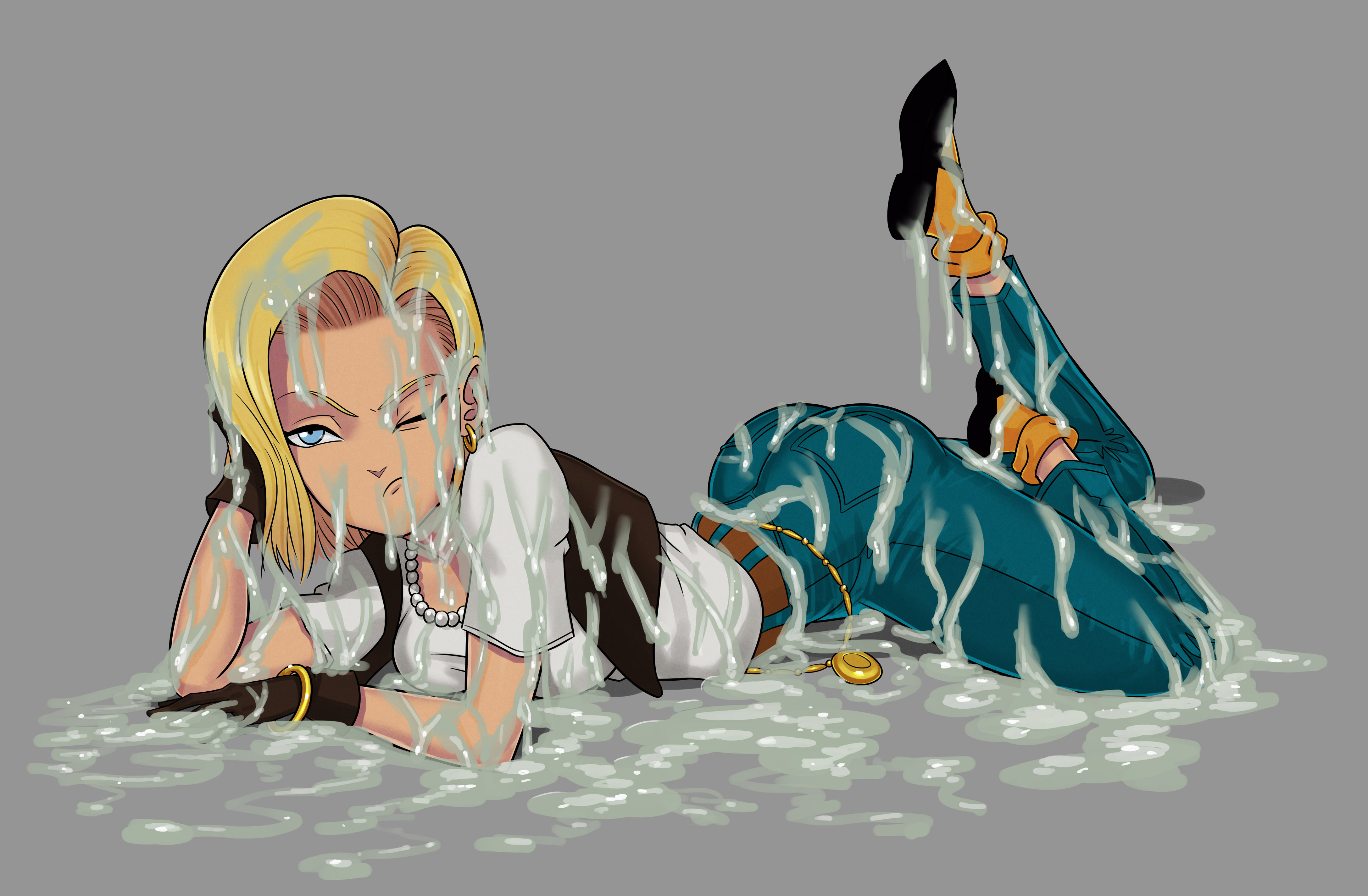 absurdres, android 18, ass, blonde hair, blue eyes, bob cut, bracelet, breasts, brown gloves, closed mouth, cum, cum in pants, cum on body, cum on breasts, cum on clothes, cum on hair, cum on lower body, cum on upper body, denim, dragon ball, dragon ball z, earrings, facial, feet, female, flats, full body, gloves, grey background, head rest, highres, hoop earrings, jeans, jewelry, legs, looking away, lying, mary janes, medium breasts, necklace, on stomach, one eye closed, pants, pearl necklace, shirt, shoes, short hair, simple background, solo, sunsetriders7, thighs, white shirt