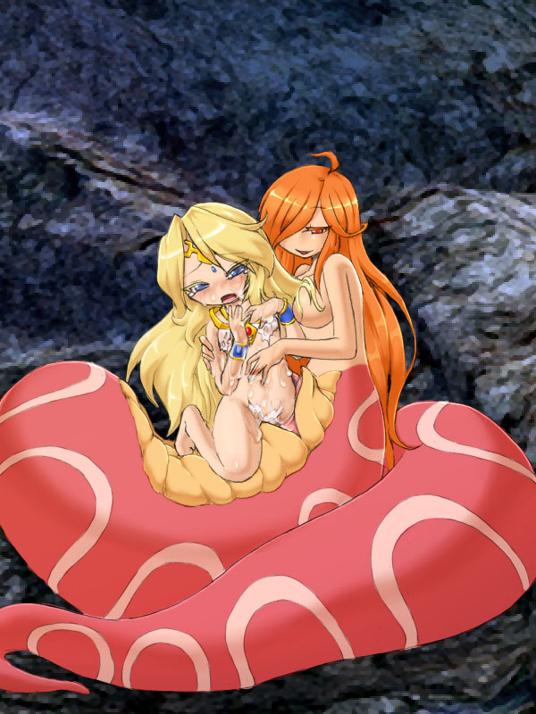 2girls blonde_hair blue_eyes bracelet breasts camel_(dansen) female gold hair_over_one_eye ilias jewelry lamia long_hair milia_wars mon-musu_quest! monster_girl monster_girl_quest multiple_girls naga orange_hair original topless torn_clothes vore