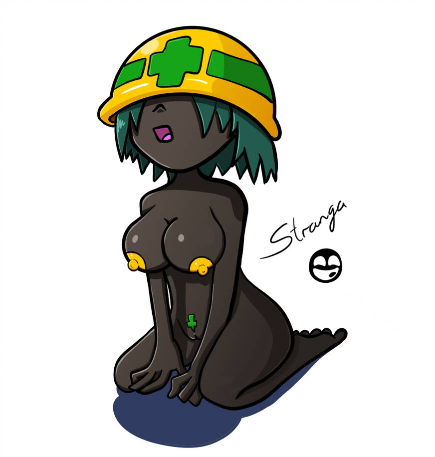 big_breasts black_skin dark-skinned_female female female_only green_hair kneeling mega_man mega_man_battle_network metool nipples open_mouth pubic_hair rule_63 short_hair shortstack simple_background stranga vagina white_background yellow_nipples