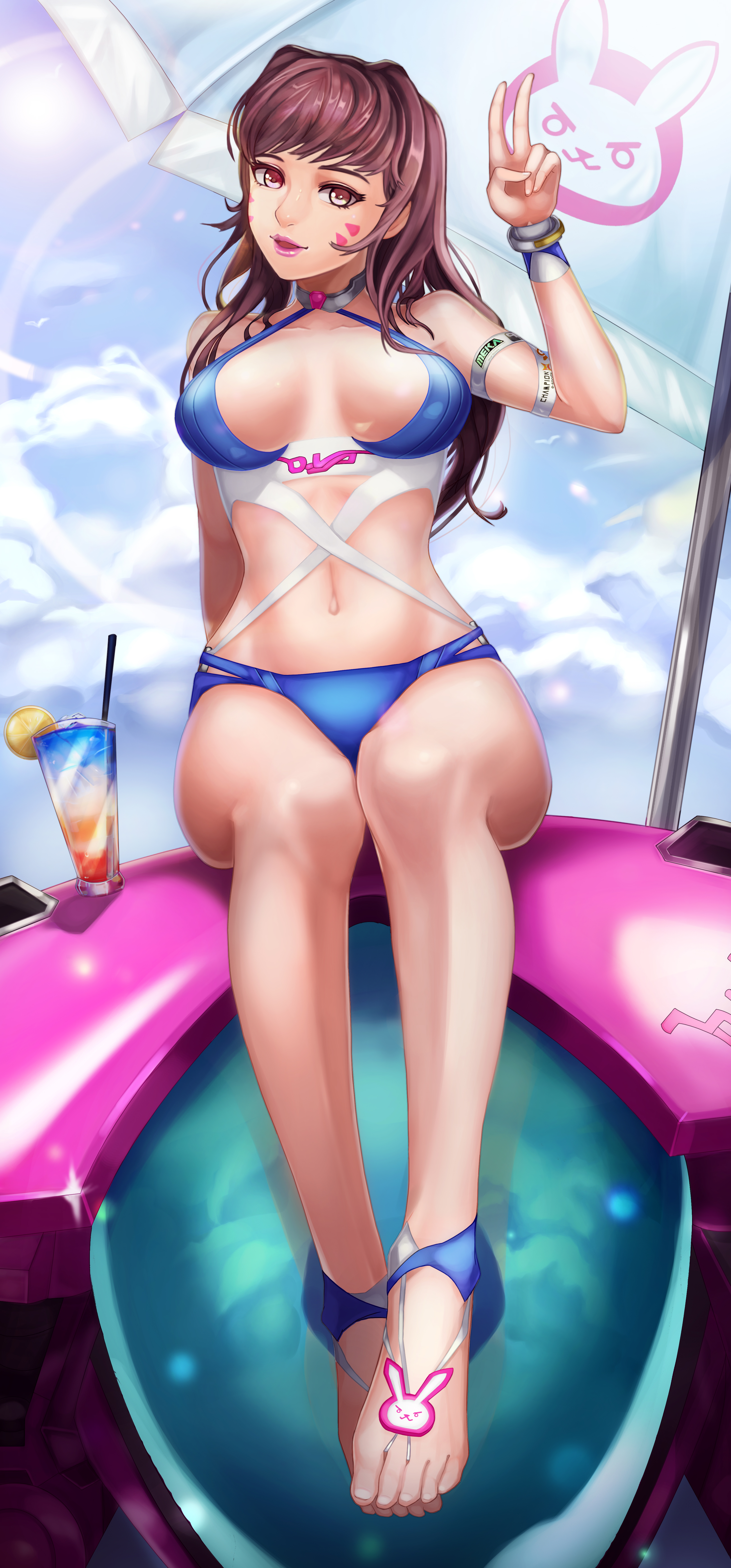 1girls, alluring, bikini, brown eyes, brown hair, d.va, feet, female, female only, legs, looking at viewer, nayamer, overwatch, solo, swimsuit