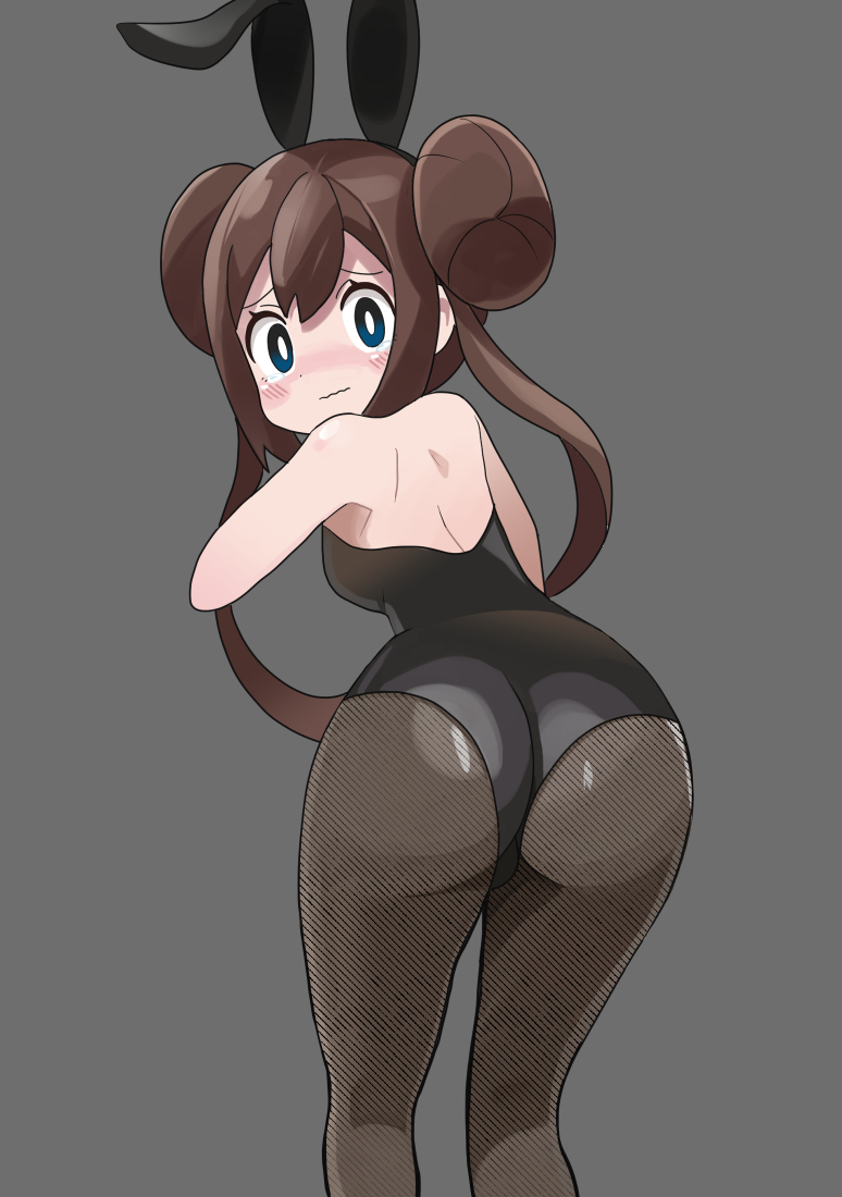 ass, blush, breasts, brown hair, bunny ears, bunnysuit, female, long hair, nintendo, pantyhose, pokemon, pokemon bw2, rosa (pokemon), thighs