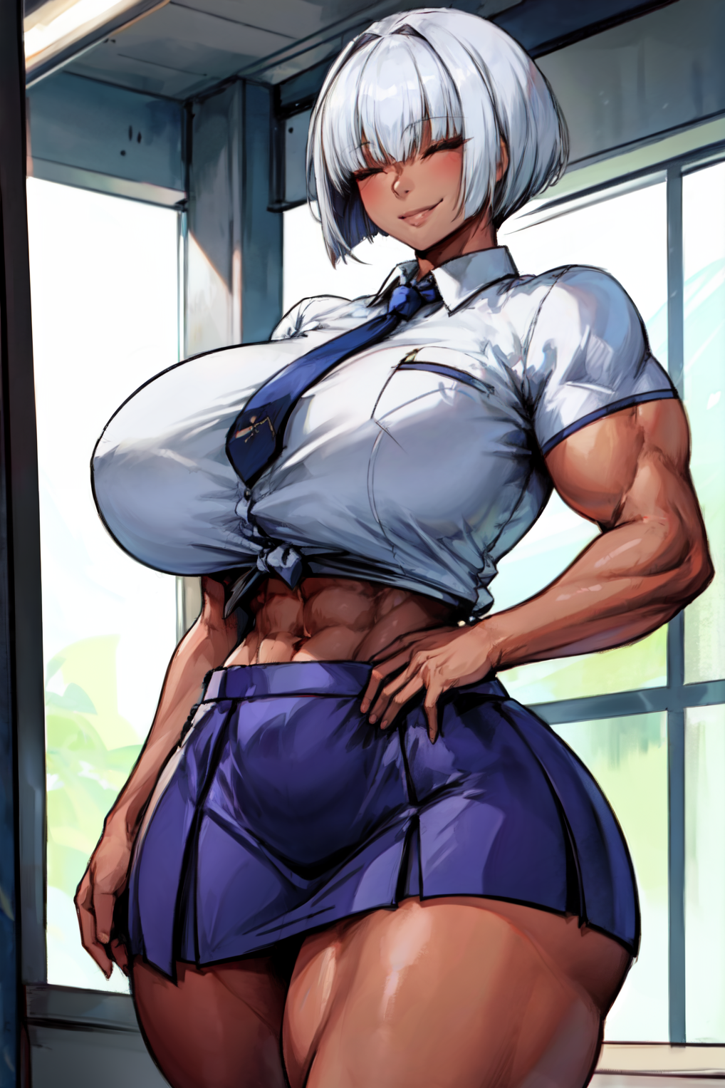 1girls abs ai_generated bangs biceps big_breasts breasts busty_buff closed_eyes dark_skin female female_only front-tie_top hand_on_hip huge_breasts indoors inside kat_(tampopo) midriff muscular muscular_female muscular_thighs navel pleated_skirt school_uniform smile smirk solo solo_female stable_diffusion tampopo thick_thighs thighs tie toned toned_female white_hair