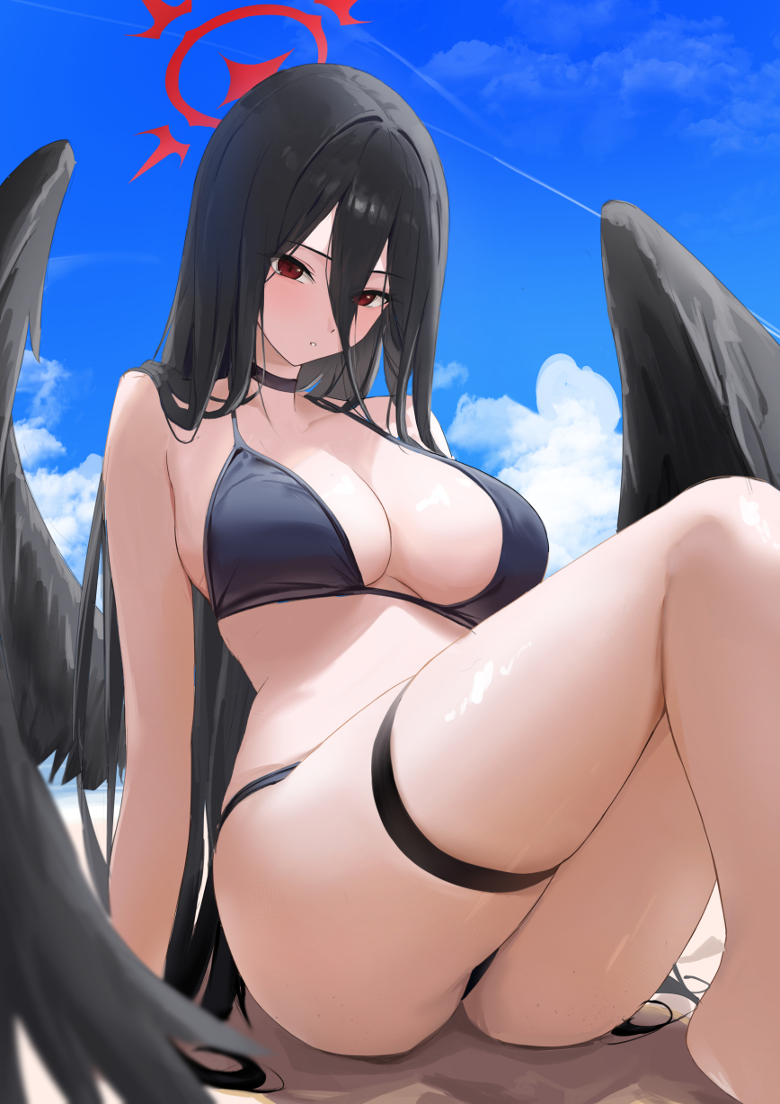 alternate costume, ass, bare arms, bare shoulders, bikini, black bikini, black hair, black wings, blue archive, blue sky, breasts, cleavage, cloud, cloudy sky, day, feathered wings, female, hair between eyes, halo, haro art, hasumi (blue archive), highres, huge thighs, justice task force (blue archive), knees up, large breasts, long bangs, long hair, looking at viewer, low wings, outdoors, red eyes, red halo, sitting, sky, solo, swimsuit, thick thighs, thigh strap, thighs, trinity general school student, very long hair, wide hips, wings