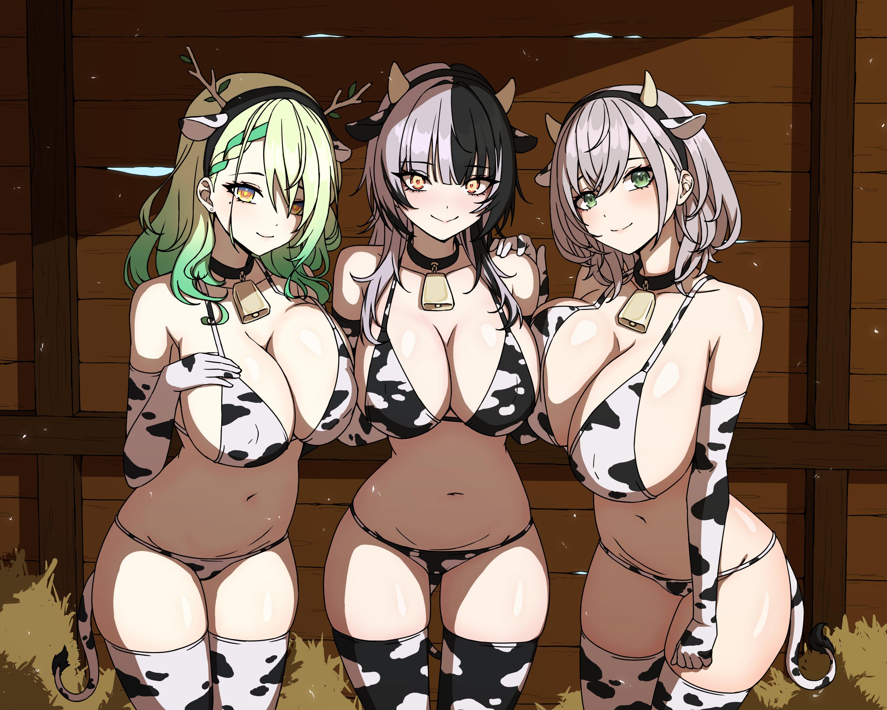 3girls, antlers, barn, bikini, black hair, blue eyes, breast press, breasts, ceres fauna, ceres fauna (goth costume), cleavage, collar, cow print, cow print armwear, cow print bikini, cow print legwear, cow print thighhighs, cowbell, dayyo (daydarion/day-chan), fake animal ears, fake cow ears, fake cow horns, fake cow tail, fake tail, female, female only, gradient eyes, green eyes, green hair, hololive, hololive english, hololive english -advent-, hololive english -council-, hololive english -promise-, hololive fantasy, hololive japan, horns, hucow, huge breasts, light skin, light-skinned female, looking at viewer, midriff, multiple females, multiple girls, navel, shiori novella, shirogane noel, silver hair, smile, swimsuit, thick thighs, virtual youtuber, white hair, wide hips, yellow eyes