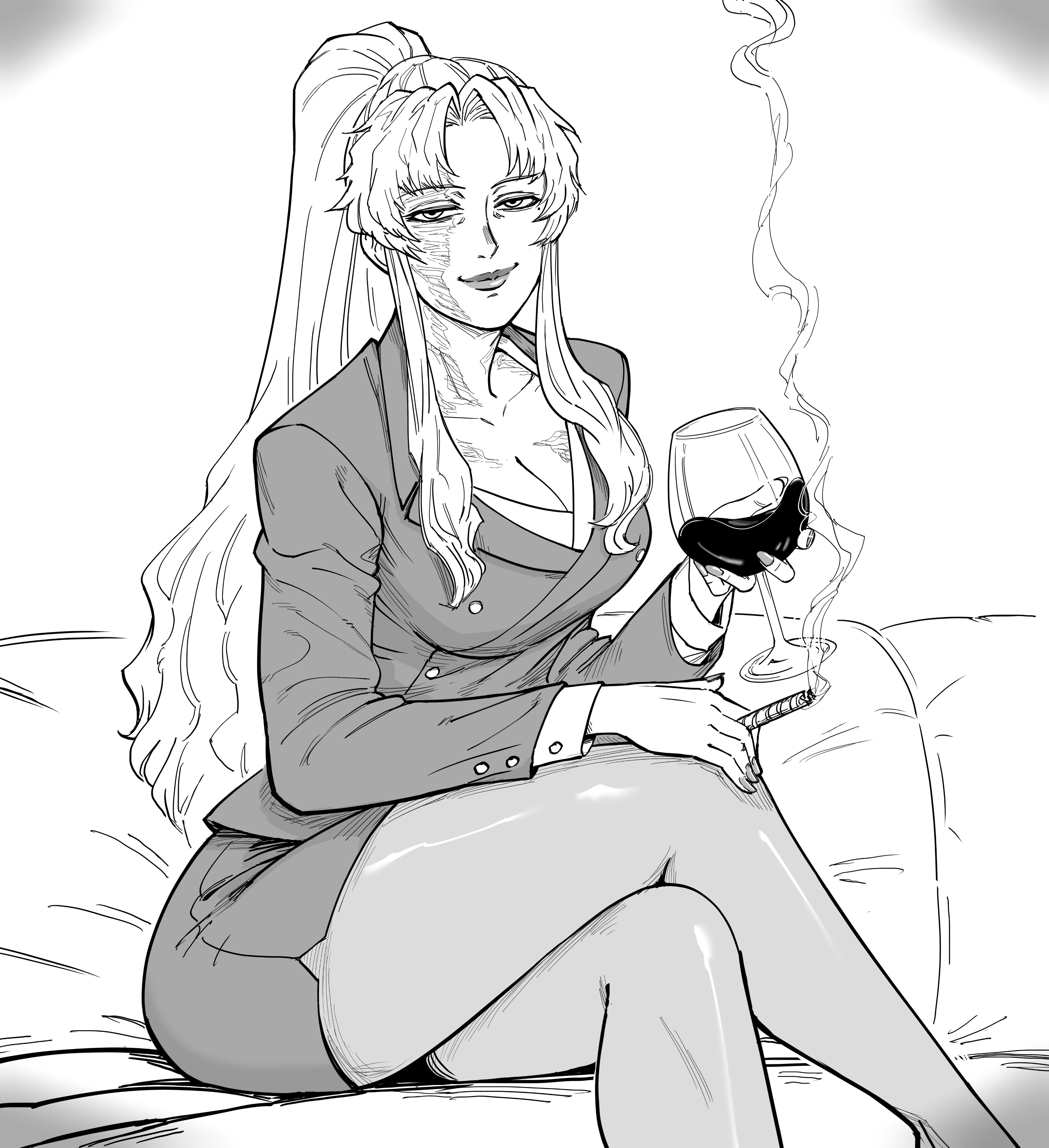1girls, absurd res, balalaika, bb (baalbuddy), black lagoon, burn scar, cigarette, crossed legs, female, female only, long hair, looking at viewer, monochrome, pantyhose, ponytail, scar, scar on face, sitting, smiling, smiling at viewer, solo, white background, wine glass