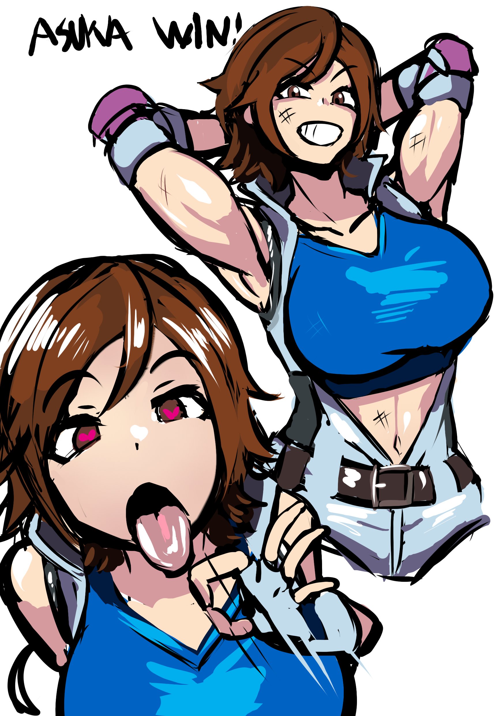 1girls, arms behind head, bandai namco, big breasts, breasts, brown hair, busty, cell (artist), curvaceous, curvy, curvy body, curvy female, curvy figure, fellatio gesture, female, fingerless gloves, gloves, hands behind head, heart-shaped pupils, huge breasts, kazama asuka, large breasts, naughty face, tekken, tomboy, tongue, tongue out, voluptuous