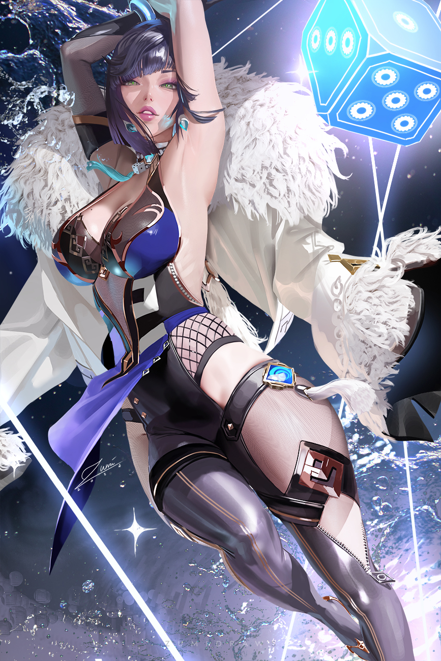 1girls, armpits, arms up, big breasts, blue hair, bob cut, breasts, female, genshin impact, green eyes, looking at viewer, short hair, tagme, thick thighs, voluptuous, yelan (genshin impact), zumi