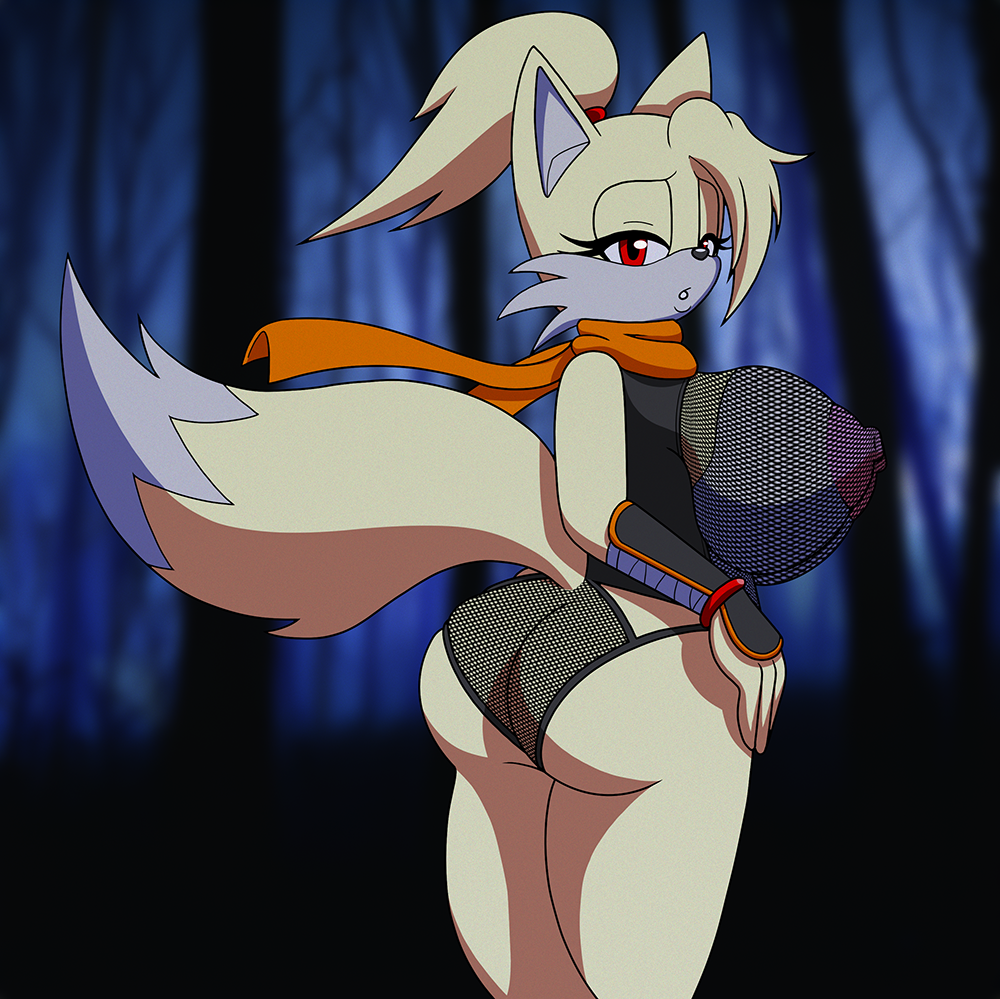 ass big_breasts breasts clothing female fishnet_clothing fox_tail handwear looking_at_viewer looking_back looking_back_at_viewer miyuki_the_fox ninja nipple_outline scarf sin_the_hedgehog sinshadowed tail warrior