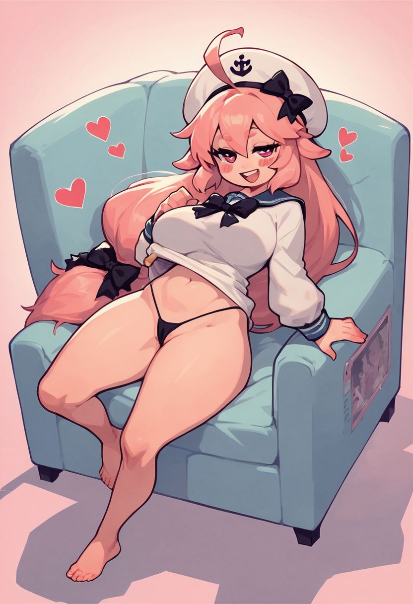 1girls ai_generated avi_(sbubby) beret blush breasts feet feet_up female hair_ornament hair_ribbon looking_at_viewer pink_hair pussy sbubby shirt_lift visiuun voluptuous voluptuous_female white_headwear