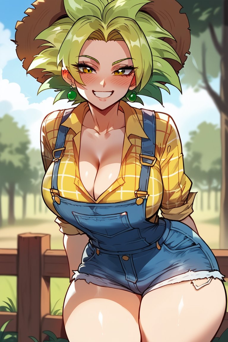 1girls ai_generated artcalypse big_breasts breasts dragon_ball dragon_ball_super farmer farmer_with_a_shotgun female female_only green_hair huge_breasts kefla looking_at_viewer smile thiccwithaq_(ai_style) thick_thighs wide_hips