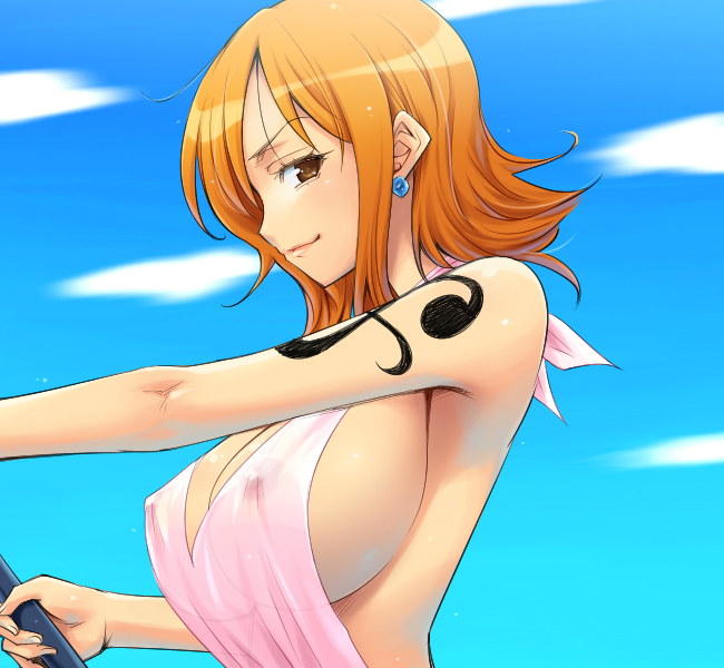 1girls black_tattoo blue_earrings breasts brown_eyes clothing color day earrings erect_nipples female female_only hairu holding huge_breasts human jewelry nami_(one_piece) one_piece orange_hair outdoors pre-timeskip see-through short_hair side_view sideboob solo tattoo tattoo_on_arm tattooed_arm