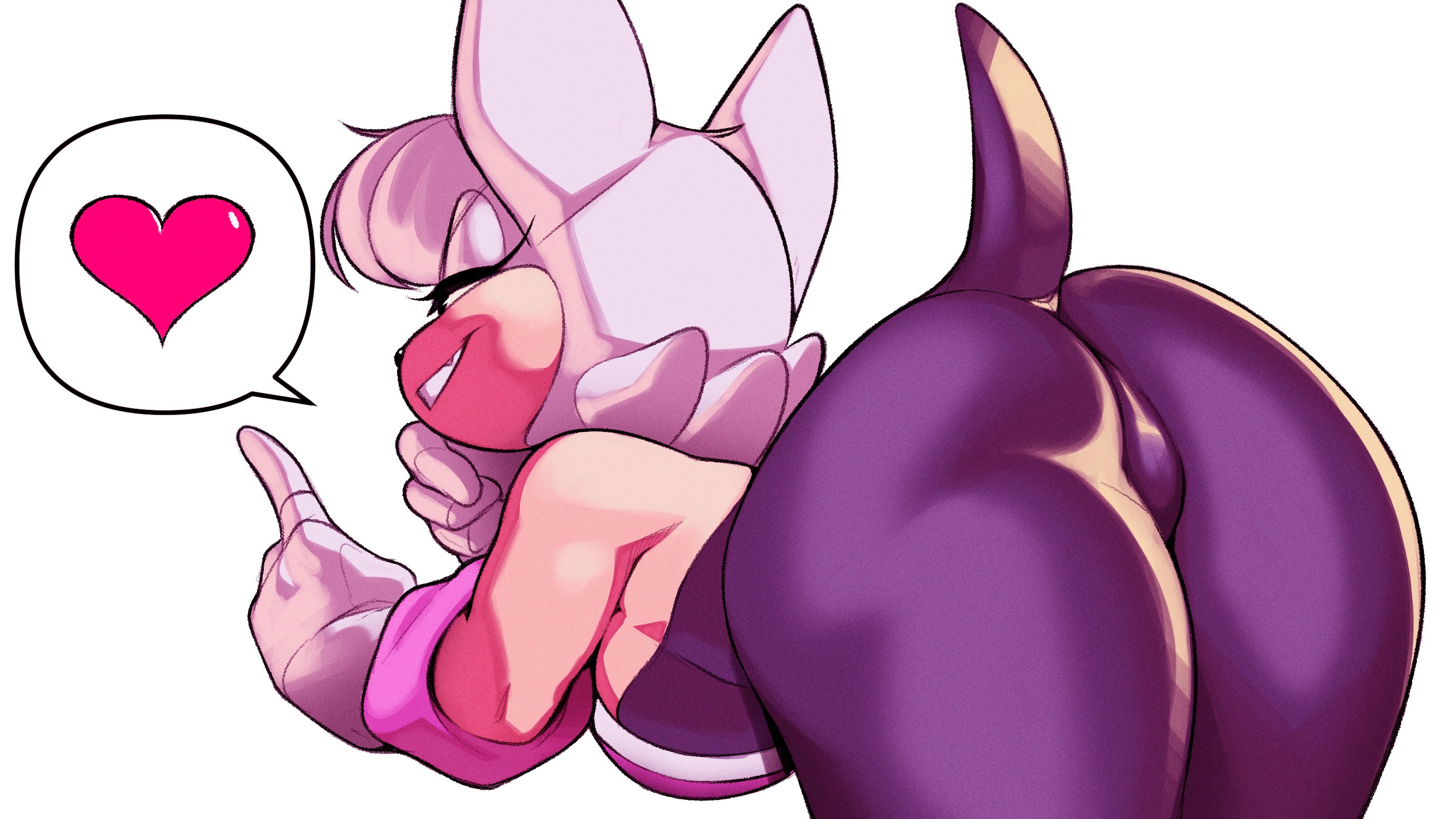 1girls, 2024, alternate version at source, anthro, arched back, ass, back, back view, bangs, bat, bedroom eyes, bending forward, bending over, bent over, big ass, big breasts, bodysuit, breasts, busty, chiropteran, clothed, clothed female, clothes, clothing, curvaceous, curvy, eyelashes, female, from behind, fully clothed, furry, gloves, grin, hair, handwear, heart, hi res, large ass, large breasts, legs together, medium hair, narrowed eyes, purple clothing, rear view, rouge the bat, seductive, seductive eyes, seductive look, seductive smile, short tail, simple background, skin tight, smile, smiling, solo, sonic (series), sonic the hedgehog (series), speech bubble, squiggins, tail, teeth, thick thighs, thighs, voluptuous, white background, white hair, wide hips