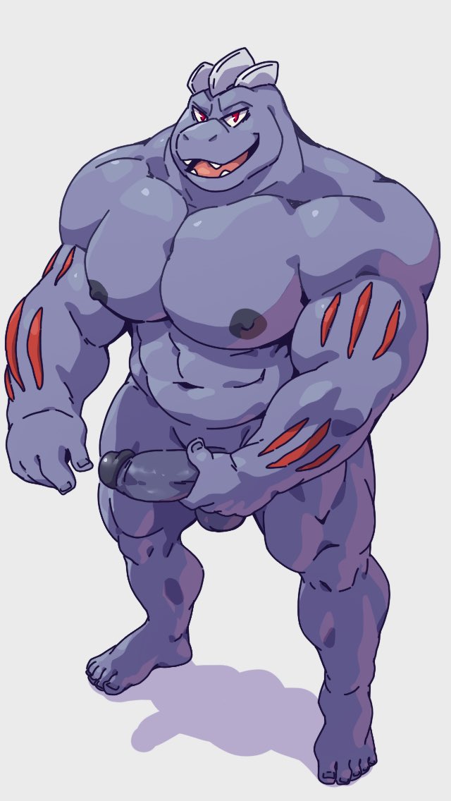 anthro balls fangs generation_1_pokemon genitals grey_body grey_skin holding_penis looking_at_viewer looking_up machoke male male_only muscular muscular_male nintendo nipples penis pokemon pokemon_(species) red_body red_eyes red_skin shadow simple_background smile solo standing taoren teeth