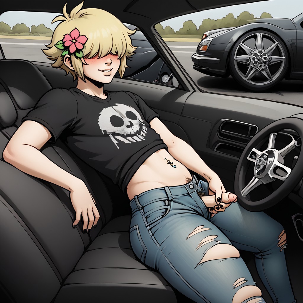 ai_generated basil_(omori) big_ass big_butt blonde_hair car eyes_covered femboy front_view hair_over_eyes imminent_sex male male_only omori smile tagme thick_ass thick_thighs wheel yaoi