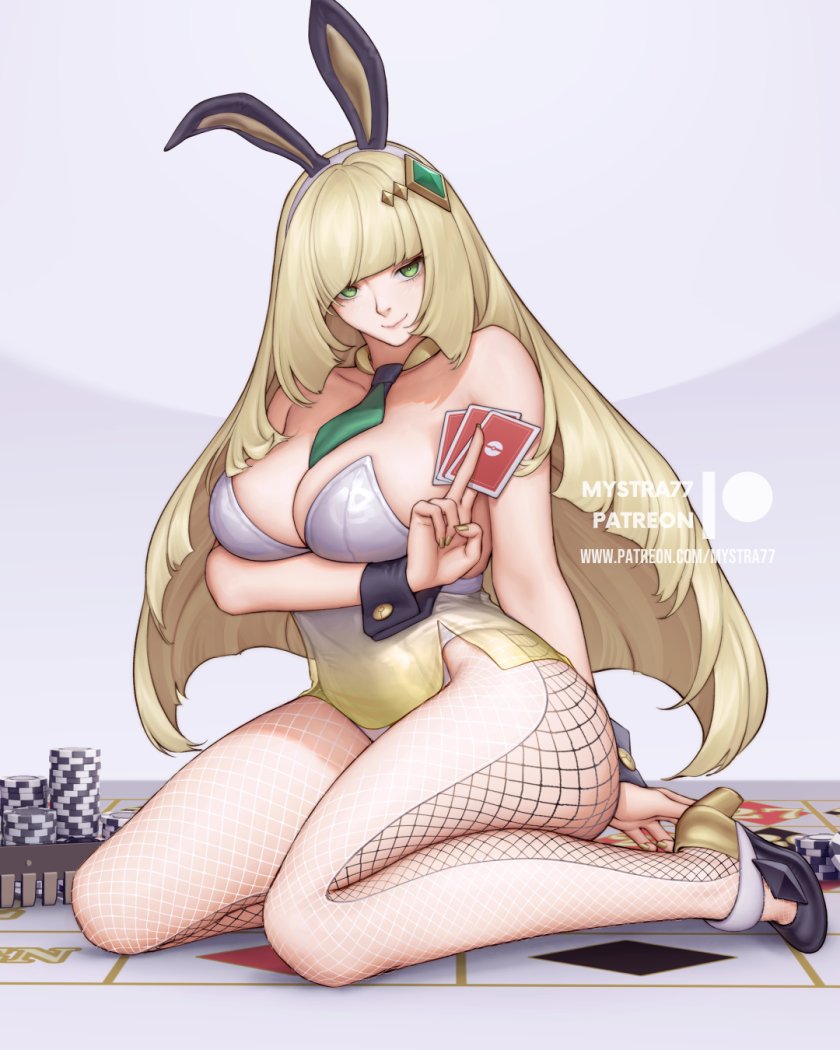 1girls big_breasts blonde_hair breasts bunny_ears bunnysuit card cleavage fake_animal_ears female female_only fishnet fishnet_legwear fishnets footwear game_freak gold_nails green_eyes hair heels high_heels hips legwear long_hair lusamine_(pokemon) mature mature_female mature_woman milf mother mystra77 nail_polish nails necktie neckwear pokemon pokemon_sm solo solo_female thighs white_bunnysuit