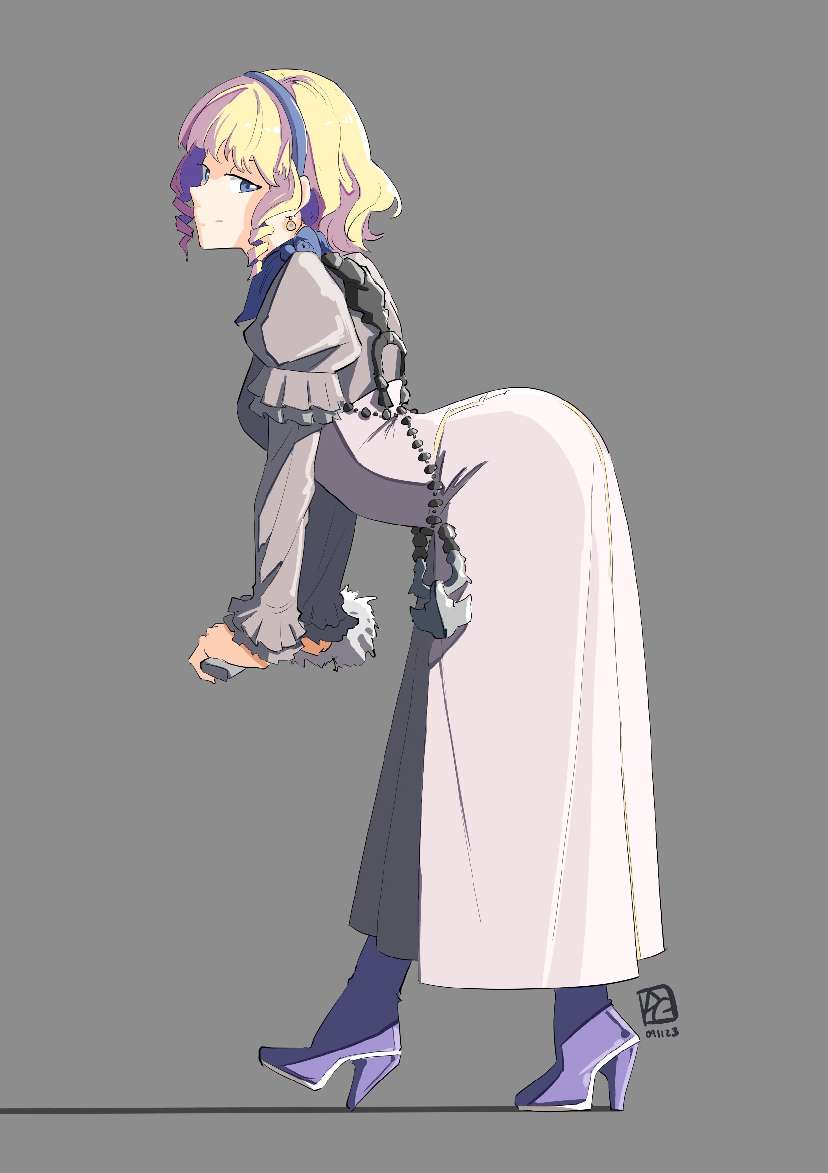 1girls, ass, automatic giraffe, bent over, big ass, blonde hair, blue eyes, boots, breasts, commentary, constance von nuvelle, earrings, english commentary, female, female only, fire emblem, fire emblem: three houses, full body, garreg mach monastery uniform, grey background, high heels, highres, jewelry, long sleeves, looking at viewer, multicolored hair, nintendo, shadow, short hair, simple background, small breasts, smile, solo, standing, watermark