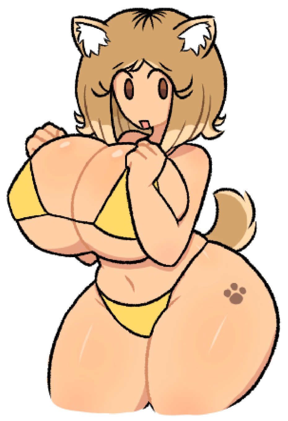 1girls, 2d, 2d (artwork), 2d artwork, ass, big ass, big breasts, bikini, breast support, breasts, breasts bigger than head, brown eyes, canine, curvaceous, curvy, curvy body, curvy female, curvy figure, cute, cute face, cute female, dog ears, dog girl, dog tail, female, hips, hira.shotgun, huge breasts, large breasts, light skin, light-skinned female, looking at viewer, original character, pawprint, pawprint marking, pawprint tattoo, shiba (hira.shotgun), shiba inu, short hair, simple background, solo, solo female, solo focus, supporting breasts, tattoo, tattoo on butt, thick, thick legs, thick thighs, top heavy, unique style, voluptuous, voluptuous female, white background, wide hips, yellow bikini