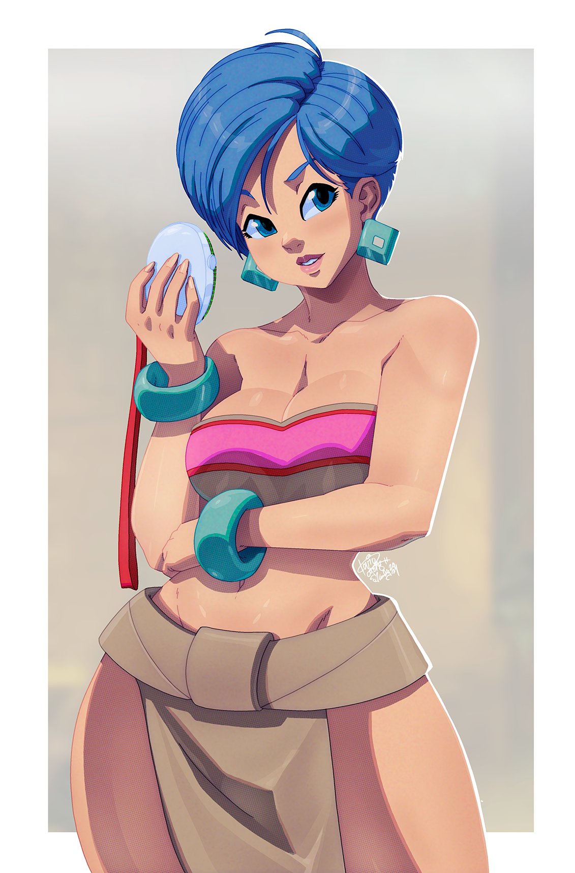 1girls big_breasts blue_eyes blue_hair bulma_briefs chel_(cosplay) cleavage cosplay crossover_cosplay dragon_ball dragon_ball_super dragon_radar dreamworks earrings female female_only hi_res loincloth looking_at_viewer navel short_hair solo the_road_to_el_dorado tovio_rogers tubetop white_background