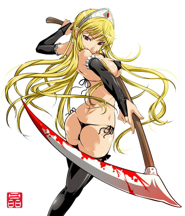 ass bikini black_legwear black_thighhighs blonde_hair blood bridal_gauntlets erect_nipples female female_only from_behind hair hime hime_(kaibutsu_oujo) human kaibutsu_oujo lilianne long_hair looking_back medium_breasts micro_bikini monster_princess princess_resurrection red_eyes scythe side-tie_bikini smile solo sonobe_kazuaki stockings swimsuit thighhighs thong_bikini tiara very_long_hair white_background