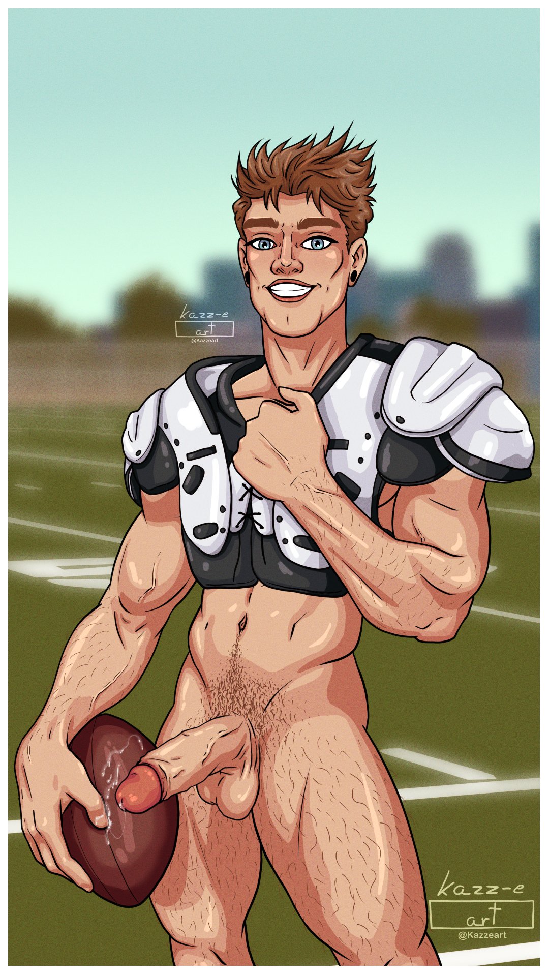 1boy 1male balls blue_eyes body_hair caucasian_male cum cum_on_object dick ear_piercing erect_penis erection football football_(american) football_(ball) football_field football_gear football_player gay gay_male hairy_legs kazz-e_art male male_only muscles penis smile smiling_at_viewer solo solo_male todd_(kazz-e_art) veiny_arms