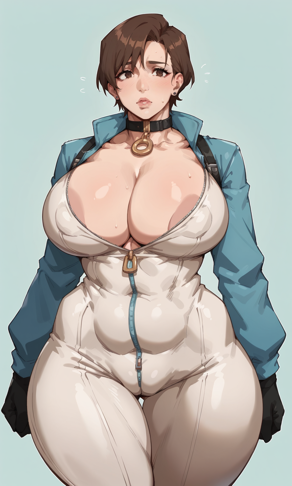 ai_generated areola_slip brown_eyes brown_hair cameltoe choker flying_sweatdrops gloves kunaboto_(style) redchocobo short_hair skintight_bodysuit solo style_emulation tagme thigh_gap unzipped_bodysuit