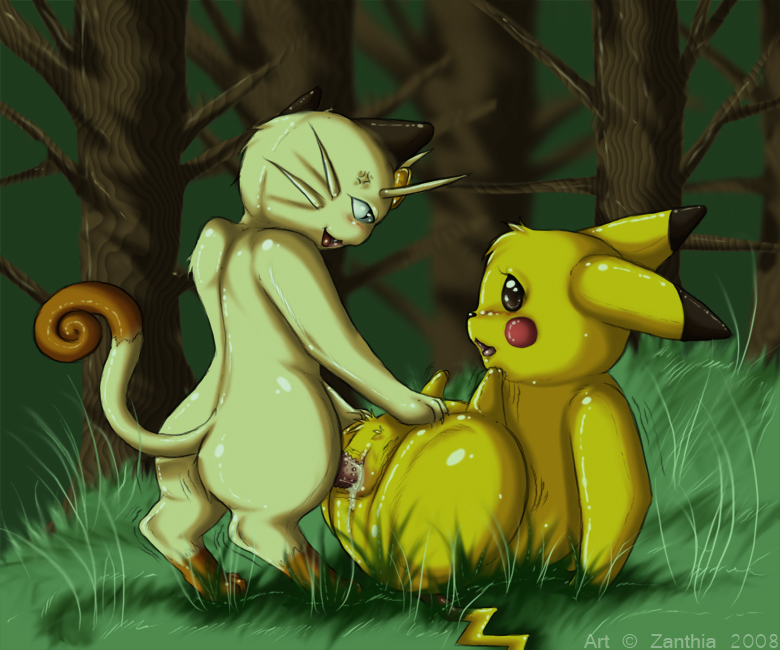 2008 color female forest fur insertion interspecies male meowth nintendo nude outdoors penis pikachu pokemon sex side_view straight tagme vulva zanthia