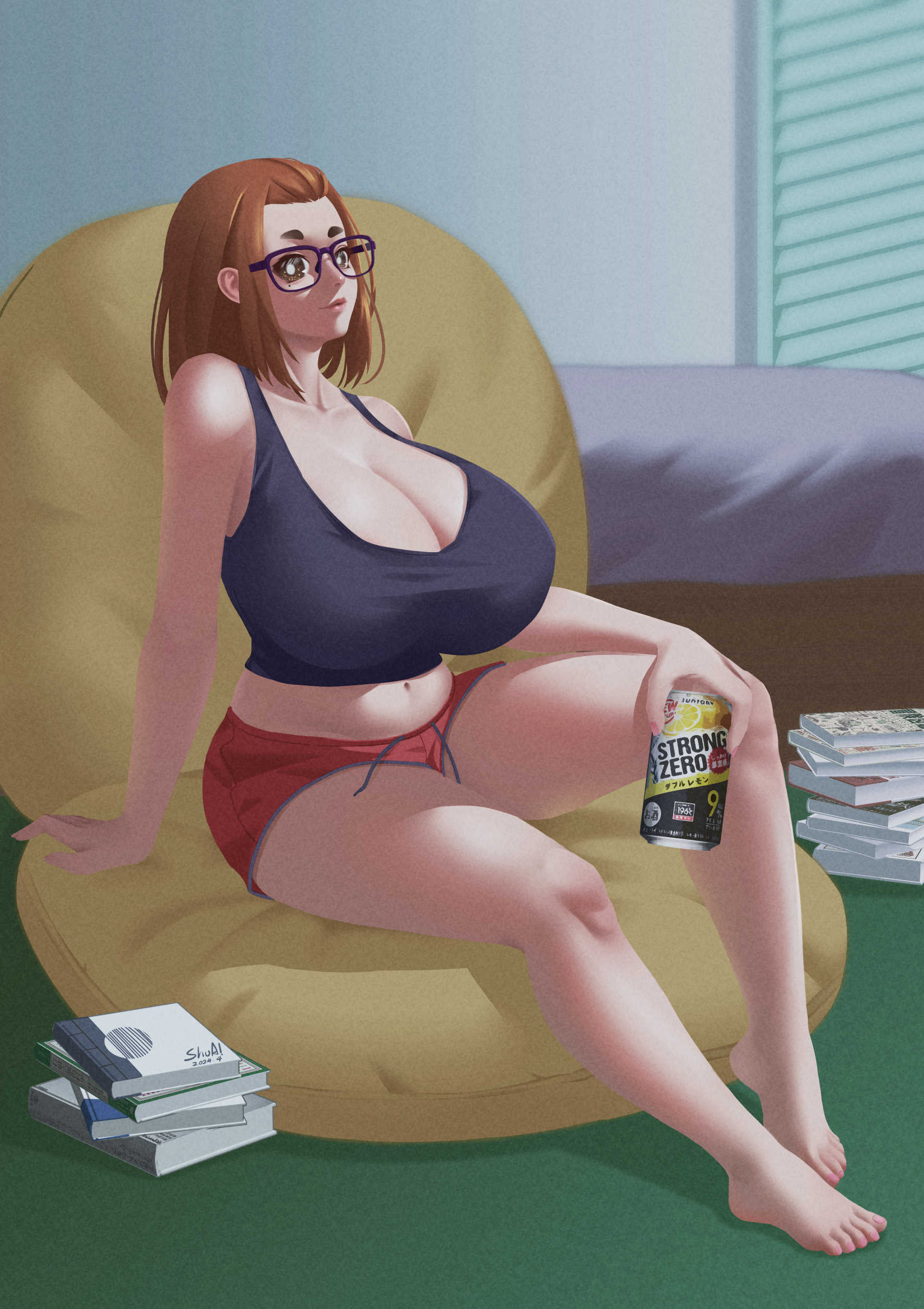 1girls, big breasts, books, breasts, brown hair, busty, cleavage, curvaceous, curvy, curvy body, curvy female, curvy figure, female, glasses, huge breasts, kaii to otome to kamikakushi, large breasts, mole, mole under eye, ogawa sumireko, short eyebrows, shuaiart, small eyebrows, thick thighs, thighs, voluptuous