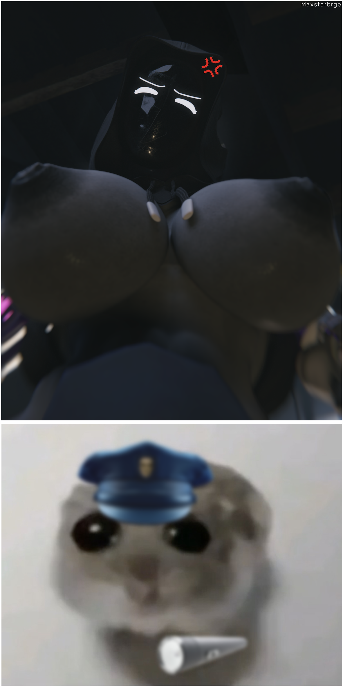 3d, 3d (artwork), 3d model, android, android girl, angry, big breasts, breasts, breasts out, comic, curvy, curvy female, curvy figure, dark (theme), female, female focus, front view, hoodie, horror, horror (theme), humanoid, looking at viewer, looking back at viewer, looking down, maxsterbrge, meme, meme reference, monster, monster girl, muscular, muscular female, original, original character, robot, robot girl, robot girl (maxsterbrge), robot humanoid, watermark