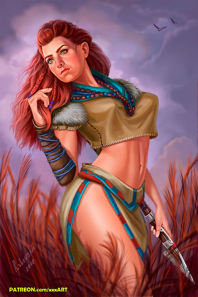 aloy, breasts, clothed, clothing, female, female only, fully clothed, horizon zero dawn, medium breasts, navel, nipples, partially clothed, patreon, red hair, rzhevskii, solo, spear, watermark, yellow eyes