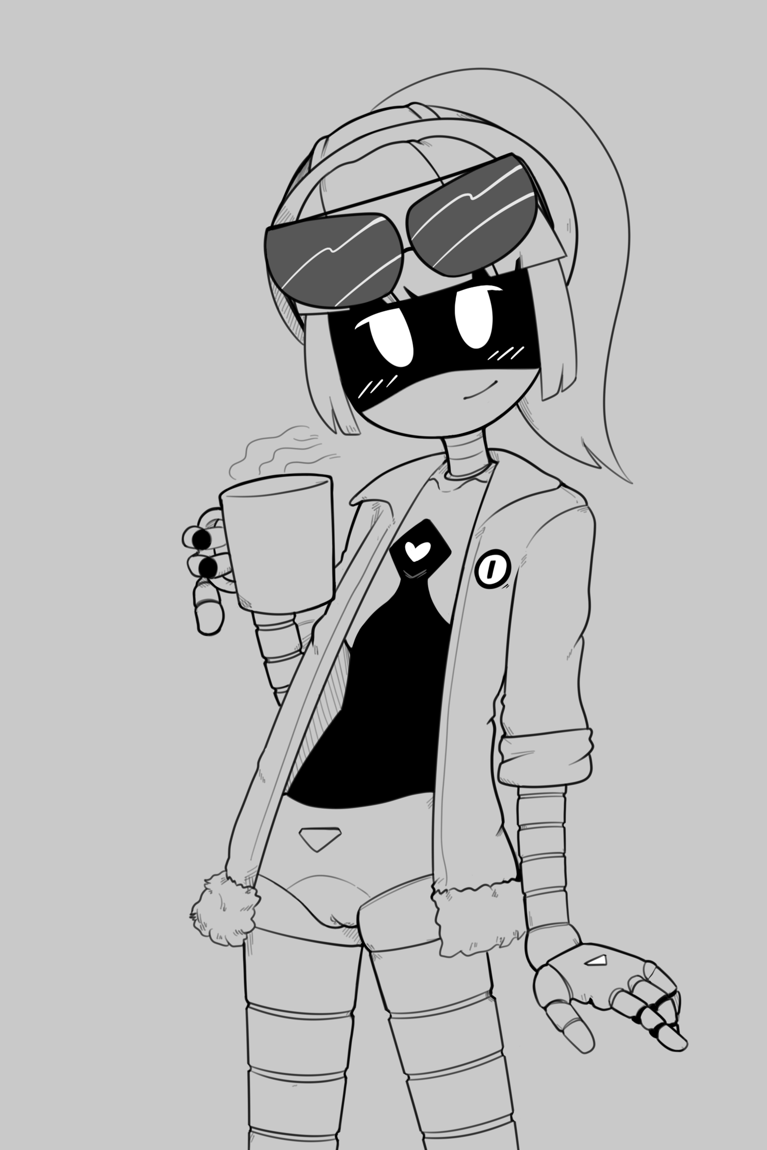 1girls, black and white, blush, breasts, clitoris, detective drone, digital drawing, digital media, female, female only, functionally nude, glasses, hair, heart, jacket, labia, mercurialmorose, monochrome, mug, murder drones, no breasts, no panties, oc, open jacket, ponytail, pubic light, pussy, robot, robot girl, screen face, solo, solo female, standing, sunglasses, sunglasses on head, true flat chest, vulva, white background, white eyes