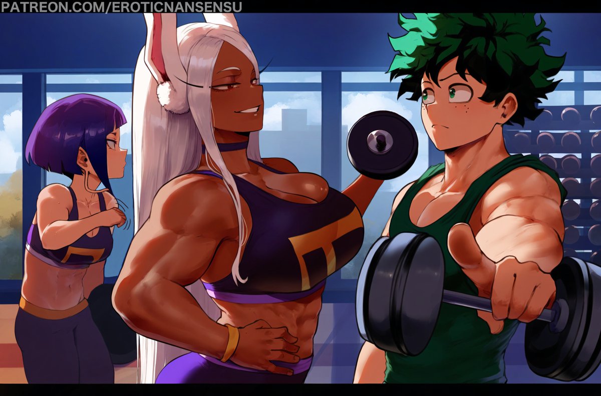 1boy 1girls 2d abs ai_assisted ai_generated animal_ears artist_name bare_arms bare_shoulders challenge choker cleavage color crop_top dark-skinned_female dark_skin dumbbell erotic_nansensu eye_contact green_eyes green_hair grin gym gym_uniform hands_on_hips hourglass_figure indoors izuku_midoriya jirou_kyouka kyoka_jiro large_breasts light-skinned_male long_hair looking_at_another looking_at_viewer midoriya_izuku midriff miruko muscular muscular_female muscular_male my_hero_academia navel older_female parted_bangs patreon_username pointing rabbit_ears rabbit_girl red_eyes rumi_usagiyama short_shorts sleeveless sleeveless_shirt solo sports_bra sportswear straight_hair student teenager teeth twitter_link url white_hair wristband younger_male