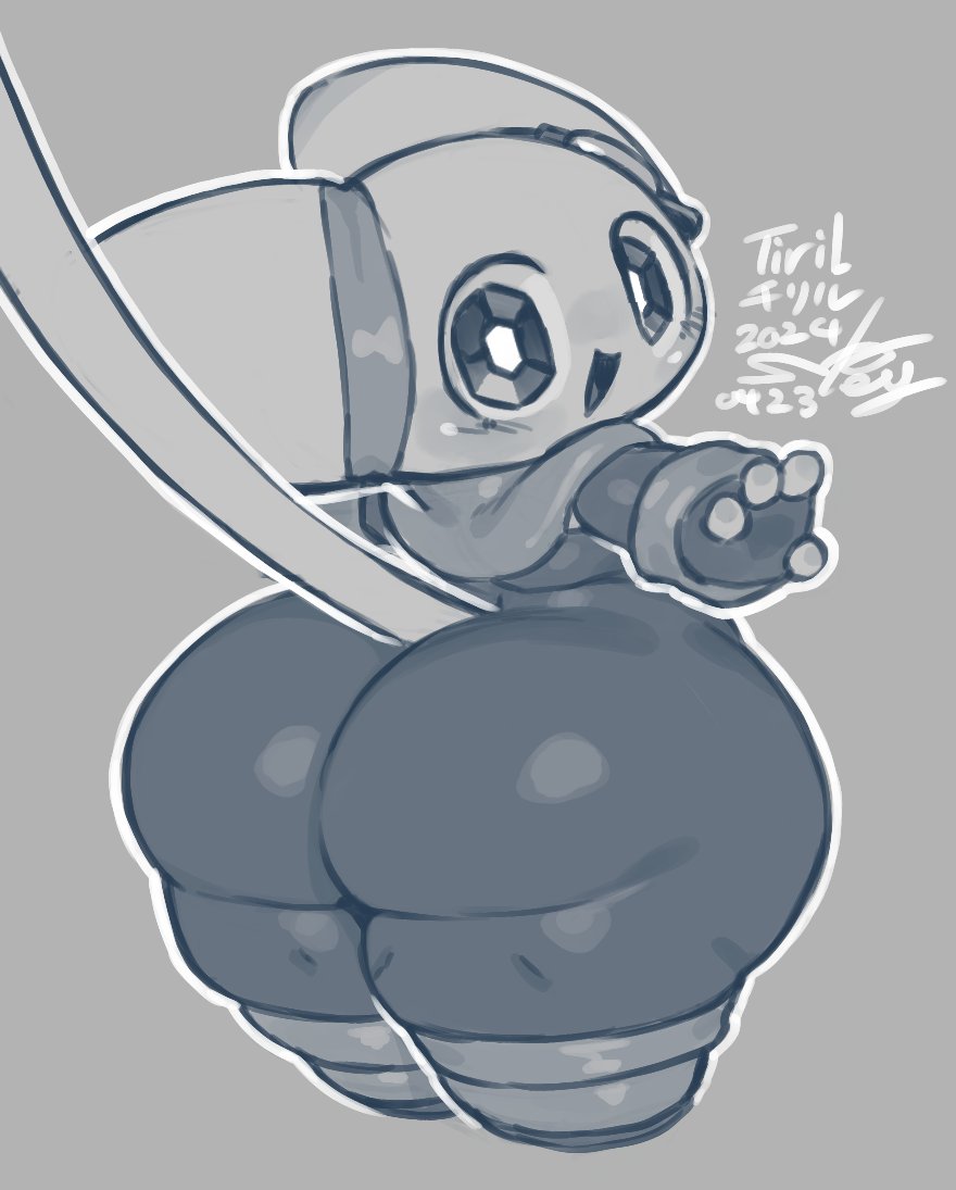 2024 alien ambiguous_gender ass big_ass big_butt cute cute_face dumptruck_ass dumptruck_butt fat_ass fat_butt happy huge_ass huge_butt keyhat_tk10 large_ass large_butt looking_back massive_ass monochrome plump_ass shortstack smile smiling smiling_at_viewer solo tail tight_clothing tights tiril_(keyhat_tk10) white_body white_skin